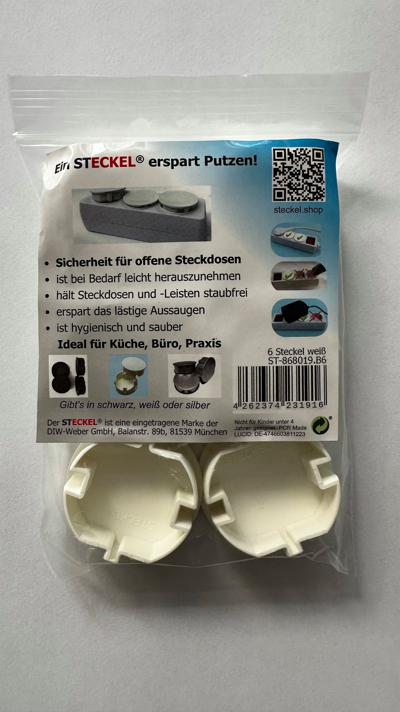 19.B6 STECKEL für 6 weiße Steckdosen-Abdeckungen Staubschutz Wanddekoobjekt Steckdosenl Stück