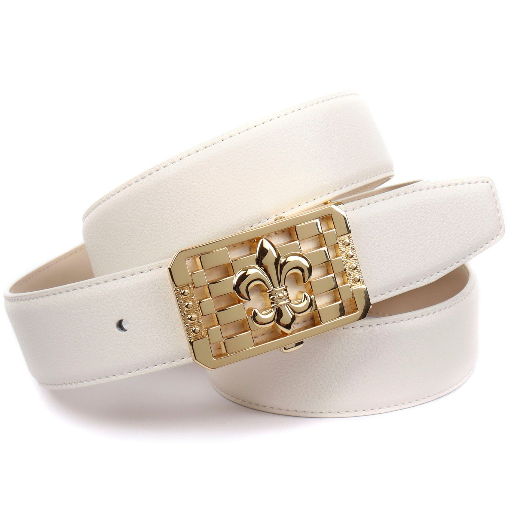 „3 Jahre Garantie“ Anthoni Crown Ledergürtel Hochpolierte goldfarbene Schließenoberfläche, Glattleder weiß