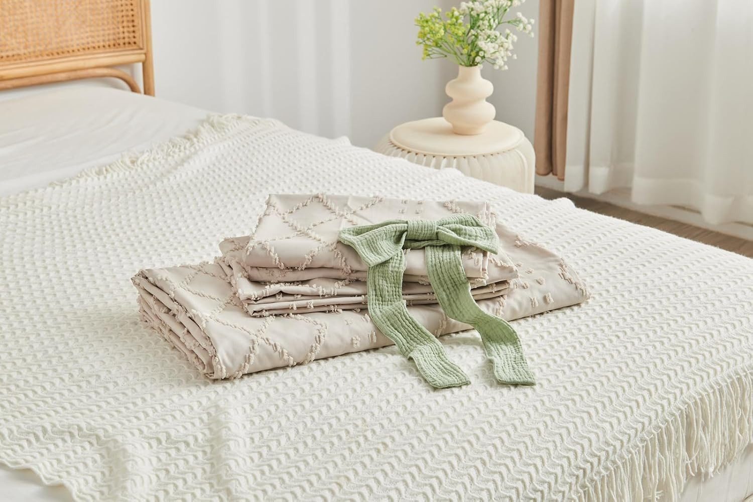 ibettertec Bettwäsche Boho Bettwäsche Beige Getuftet Geometrisches Muster Bettbezüge, Stickerei Boho Bettwäsche und Kissenbeüge 80x80cm mit Reißverschluss – Bild 5 von 5
