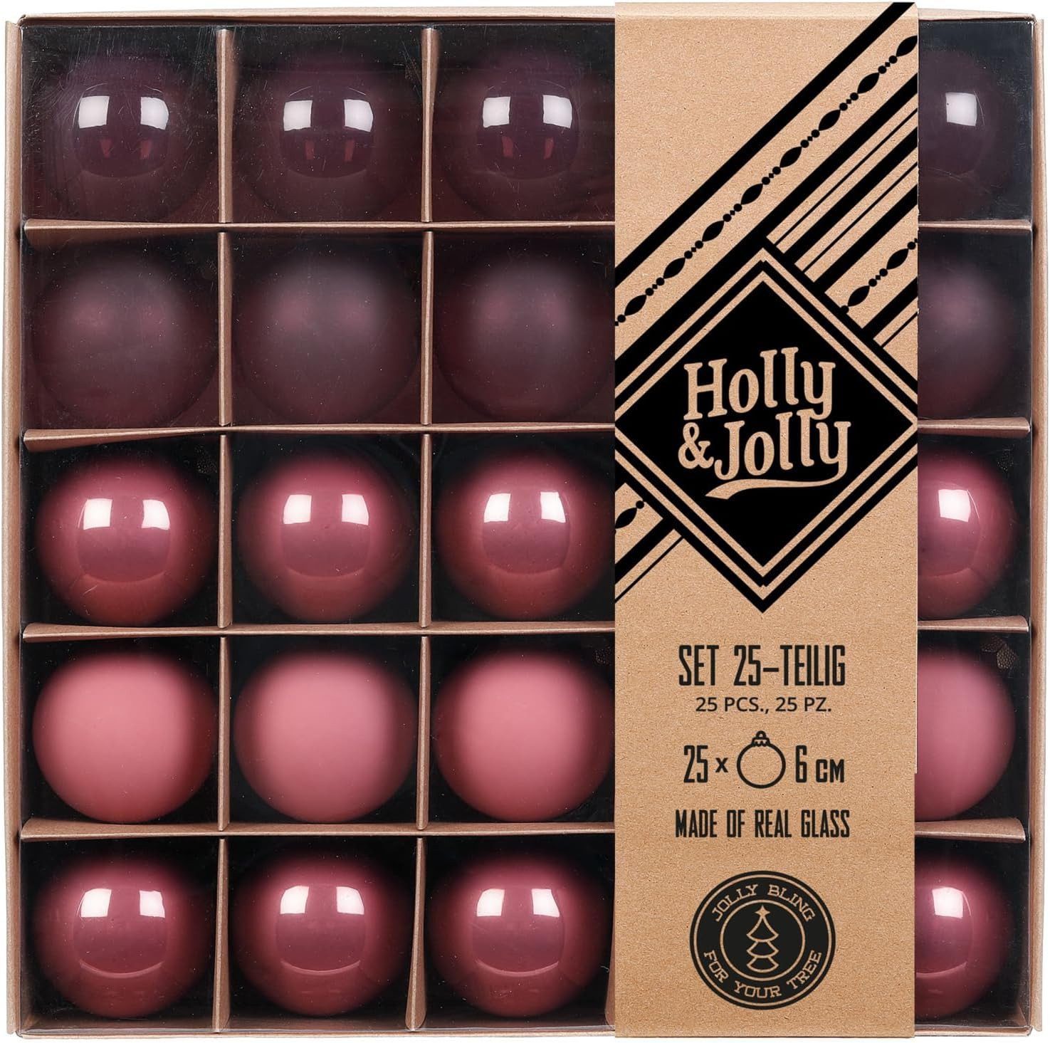 INGE-GLAS® Weihnachtsbaumkugel Holly & Jolly Weihnachtskugeln Glas rot 25er Set 6cm dusty rose flow