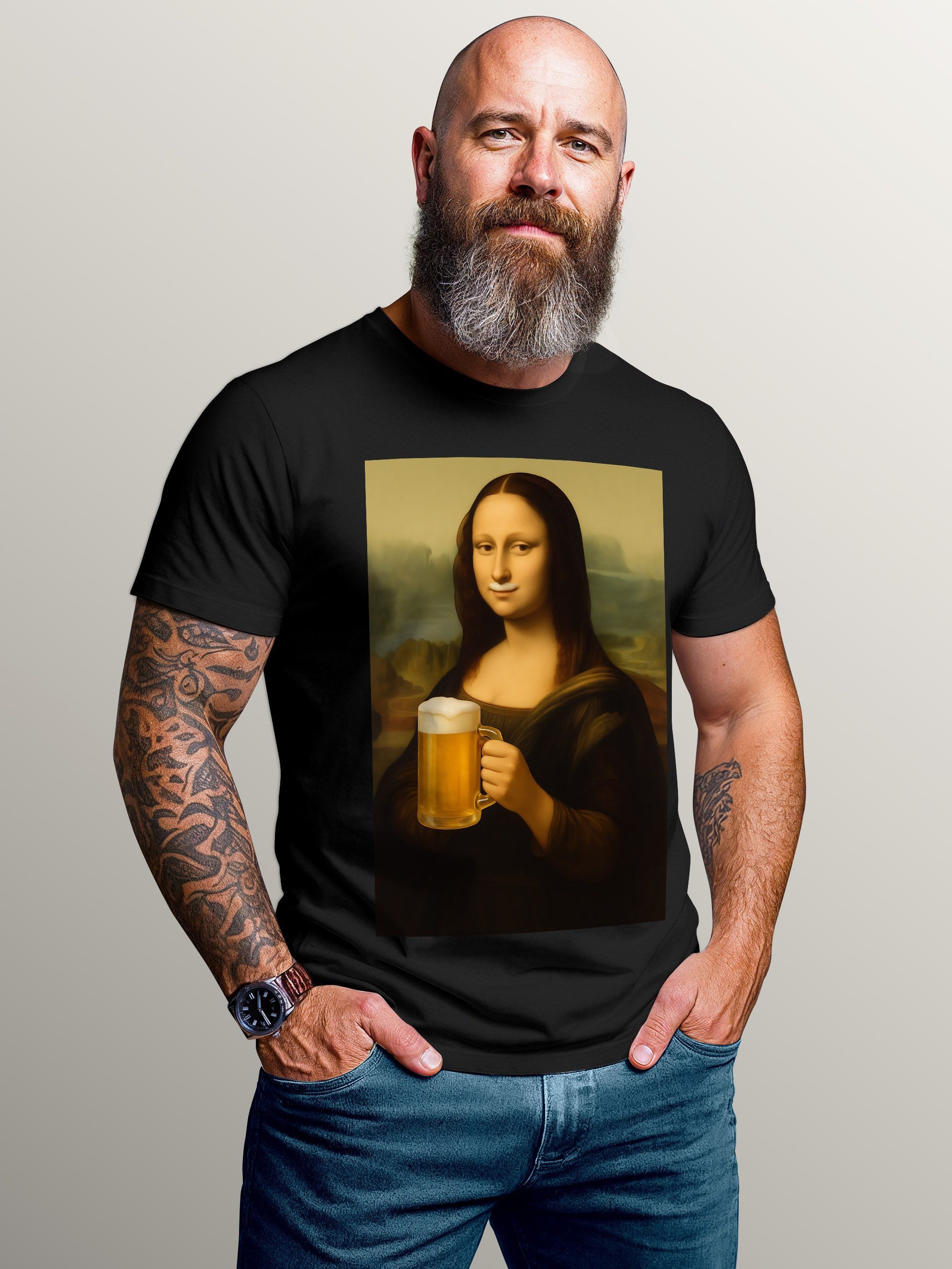 Print-Shirt Herren T-Shirt für das Oktoberfest Mona Lisa mit Bierkrug Fun-Shirt