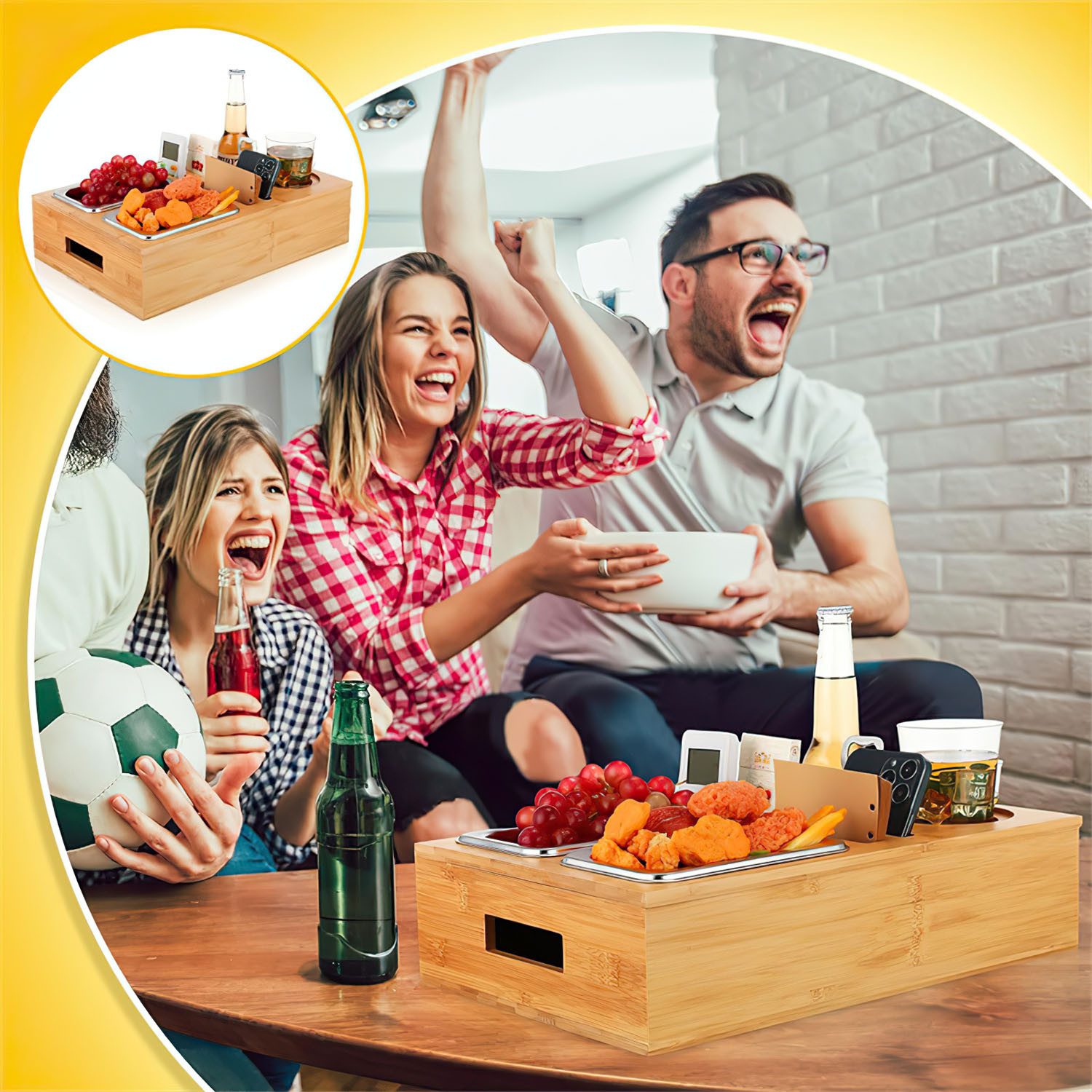 SURFOU Schüssel Snackbox mit Snackschalen aus Edelstahl und Zwei Untersetzern, (Tablett Holz Sofatablett Organizer Flaschenhalter mit Abnehmbarem), für Sofa Dek – Bild 5 von 5