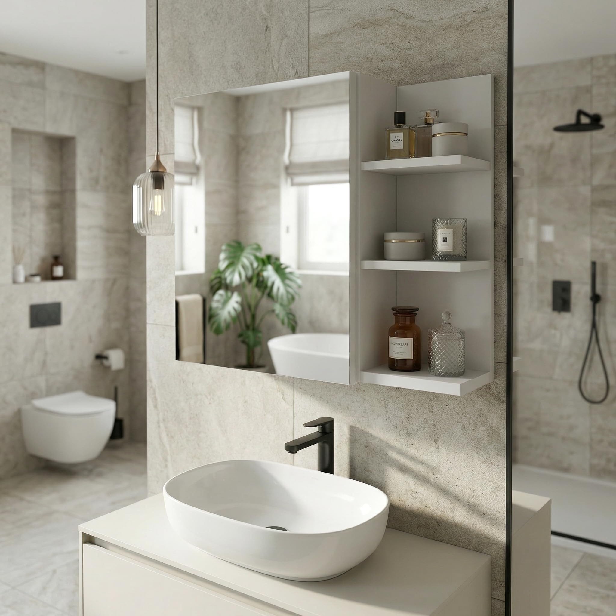 TREND WERK Spiegelschrank Badezimmer mit Ablage & Stauraum (59×16×50 cm Hängender Badezimmerschrank zur Wandmontage mit Regal) – modern & pflegeleicht – Bild 5 von 5