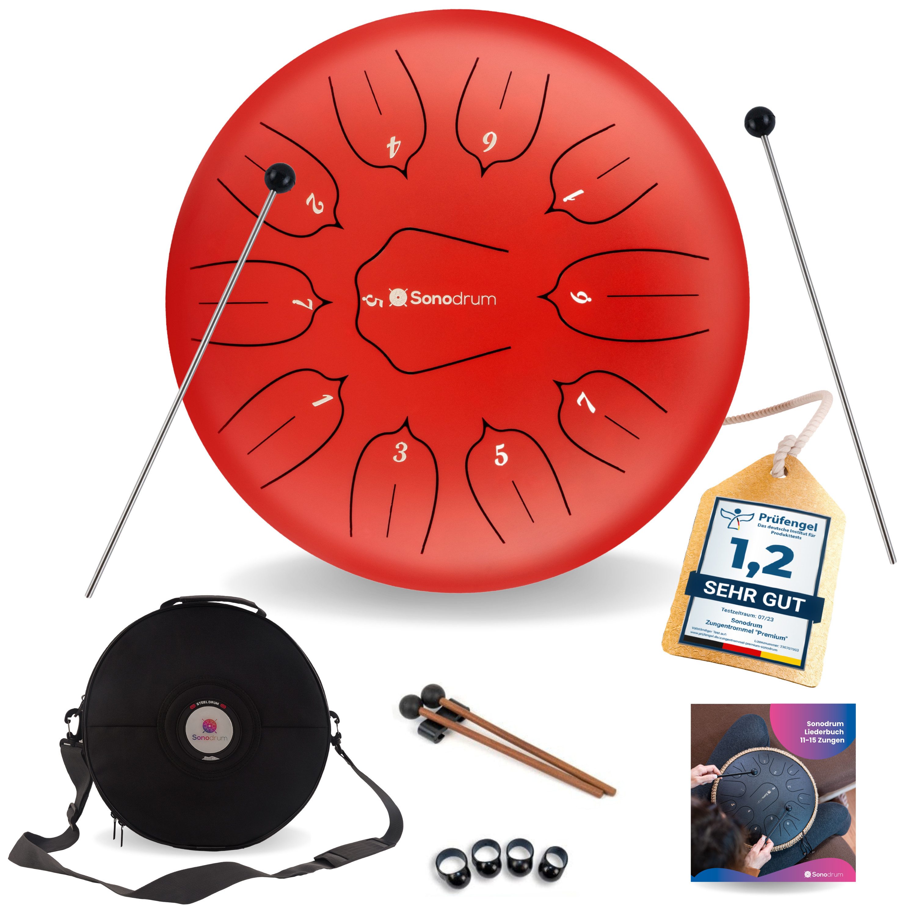 Sonodrum Steel Tongue Drum "Standard", D-Dur, 30 cm, 11 Zungen inkl. Liederbuch und Tragetasche