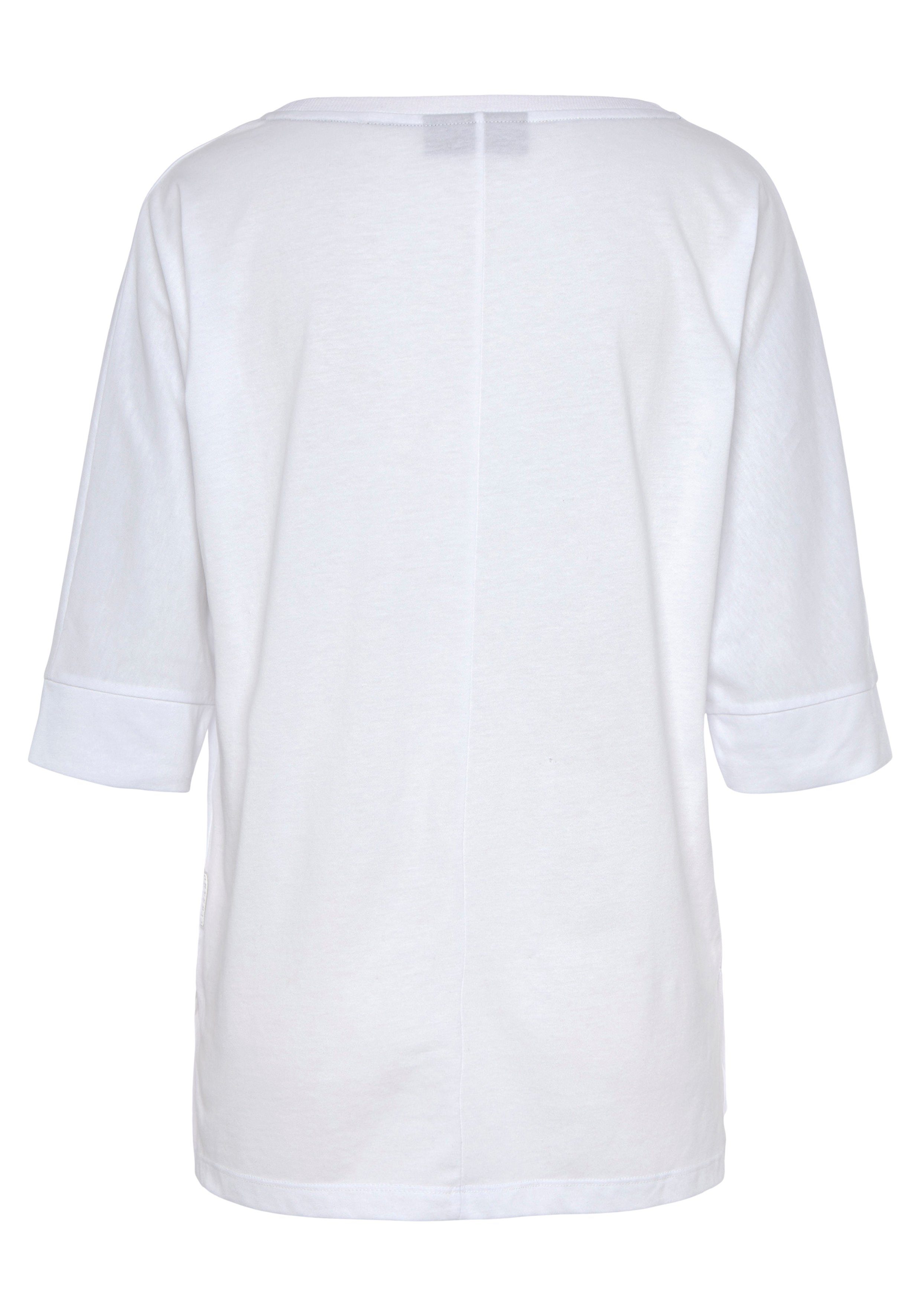 Baumwoll-Mix, Elbsand Passform Logodruck, bright mit lockere white 3/4-Arm-Shirt