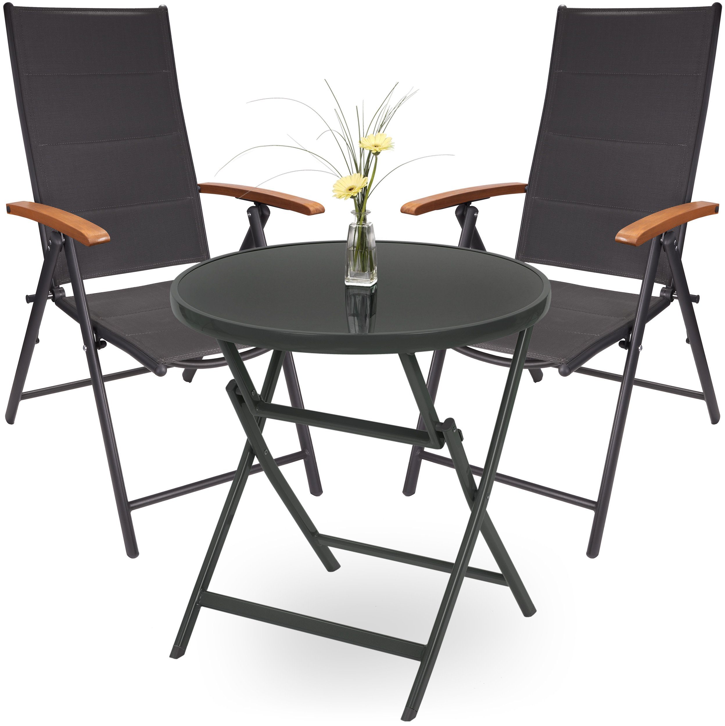 BRUBAKER Garten-Essgruppe Verona - Garten Sitzgruppe - 1 Glastisch rund 70 cm Ø mit Stühlen, (Set, Wetterfest), Hochlehner Gartenstühle mit Klapptisch Tisch / Gartentisch - Anthrazit