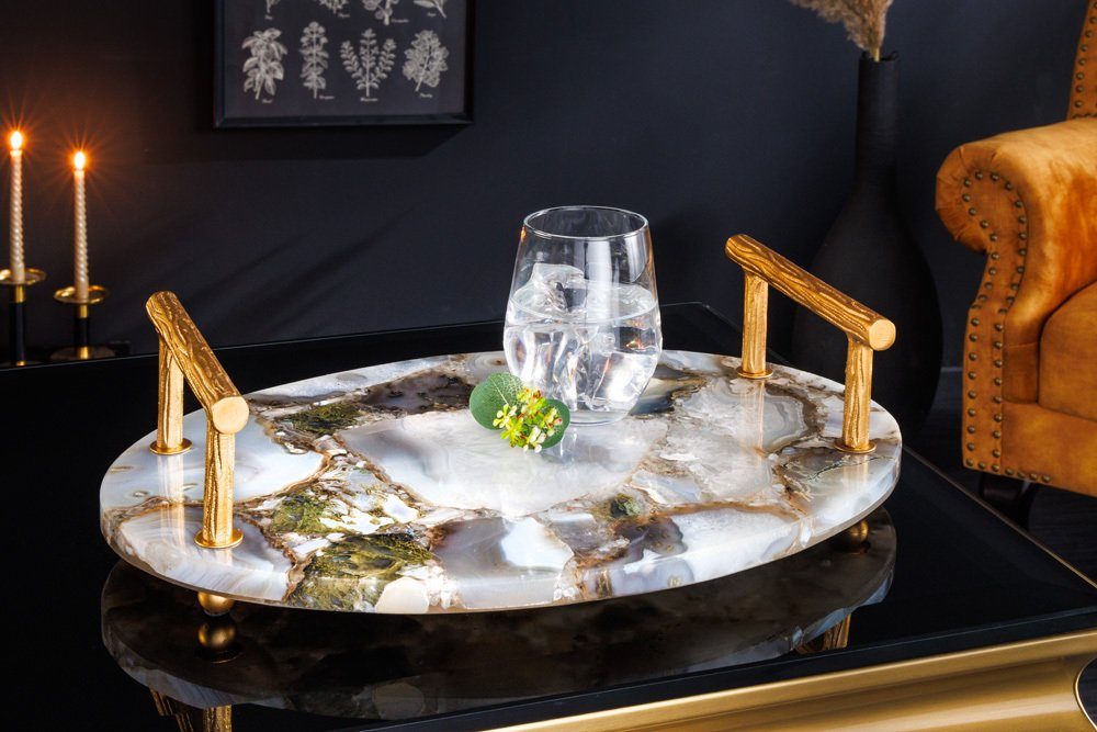 riess-ambiente Dekotablett NOBLE 40cm mehrfarbig / gold (Einzelartikel, 1 St), Achat · Metall · Servierbrett · Edelstein · Quarz · Handarbeit