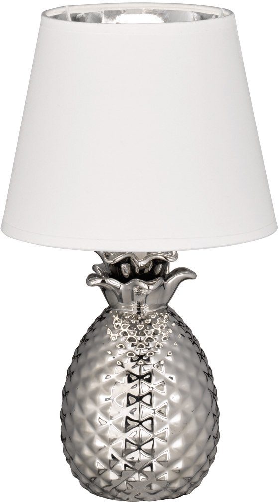 TRIO Leuchten Schreibtischlampe weiß Form Nachttischlampe, Pineapple, Stoffschirm silber, Tischlampe, ohne Ananas Leuchtmittel