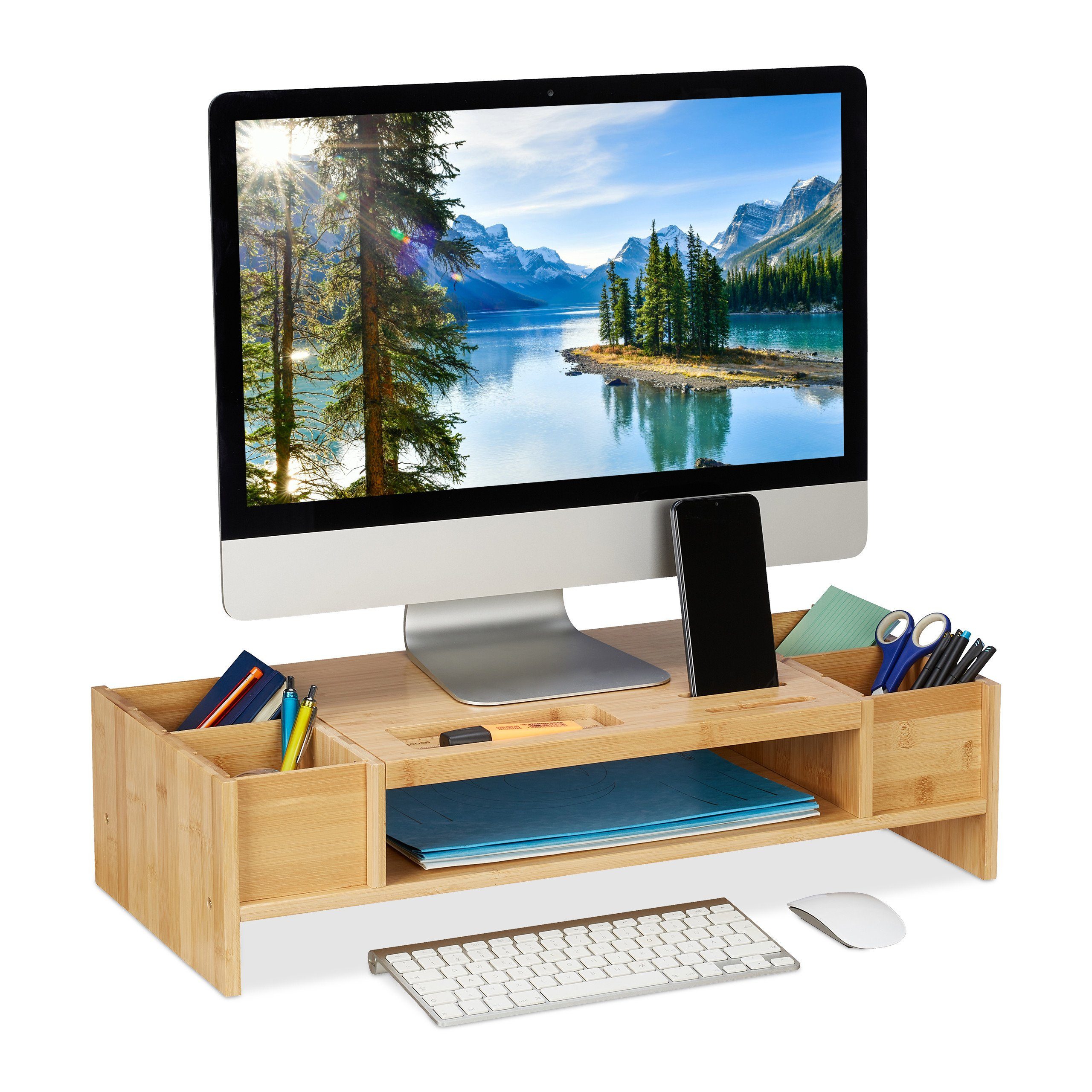 relaxdays Monitorständer Bambus Monitorständer mit Fächern, (1-tlg)