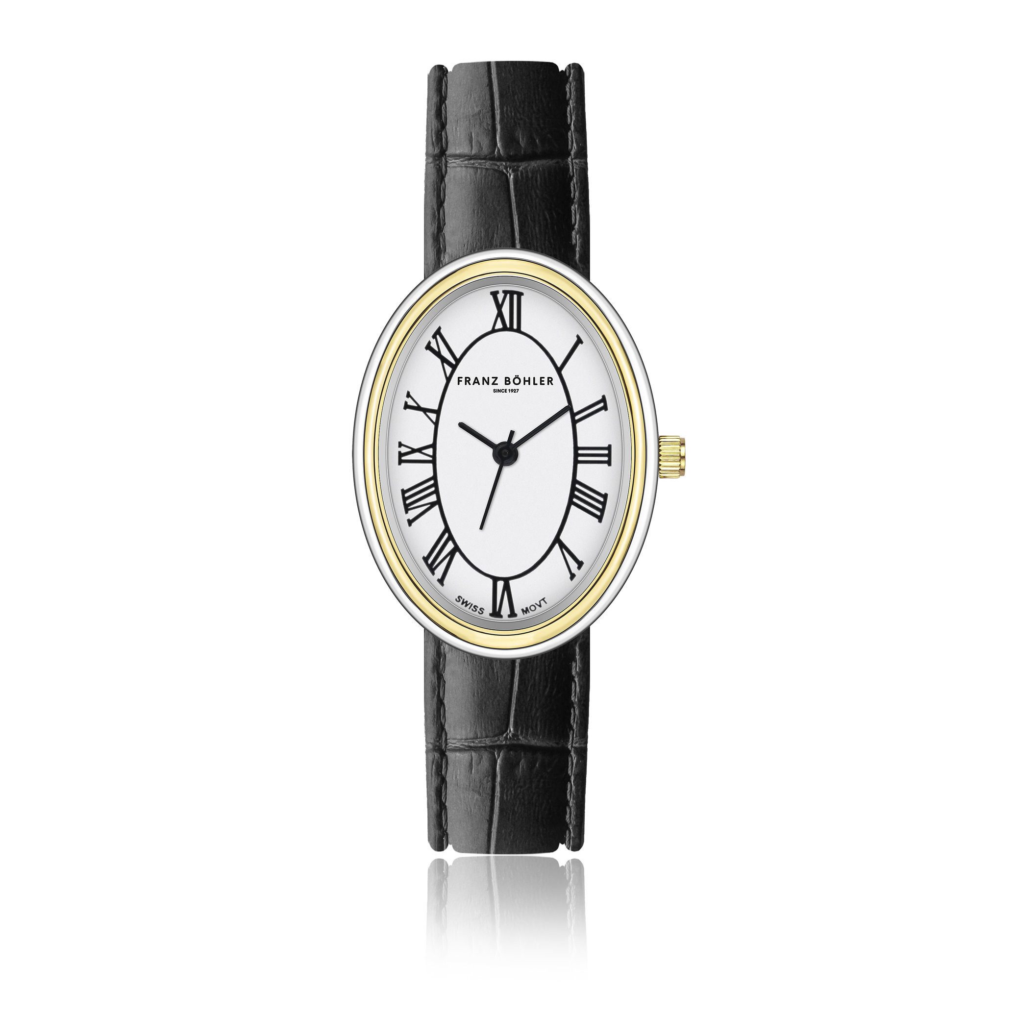 FRANZ BÖHLER Quarzuhr BD3-S074S Davos Silver&Gold – Gepolstert und mit Krokodilprägung genäht