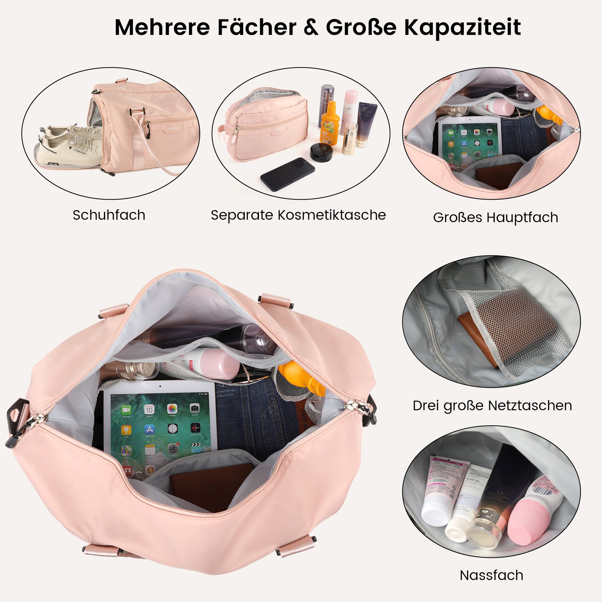 TANTOMI Reisetasche Reisetasche Damen Herren 44.5x20x28, Handgepäck Tasche Flugzeug, Sporttasche, Travel Bag mit Schuhfach und Kulturbeutel – Bild 3 von 5