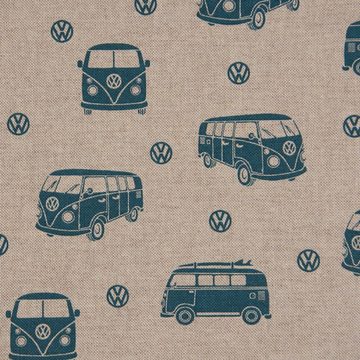 SCHÖNER LEBEN. Stoff Dekostoff Leinenlook Lizenzstoff VW Bus Bulli natur petrol blau 1,40m