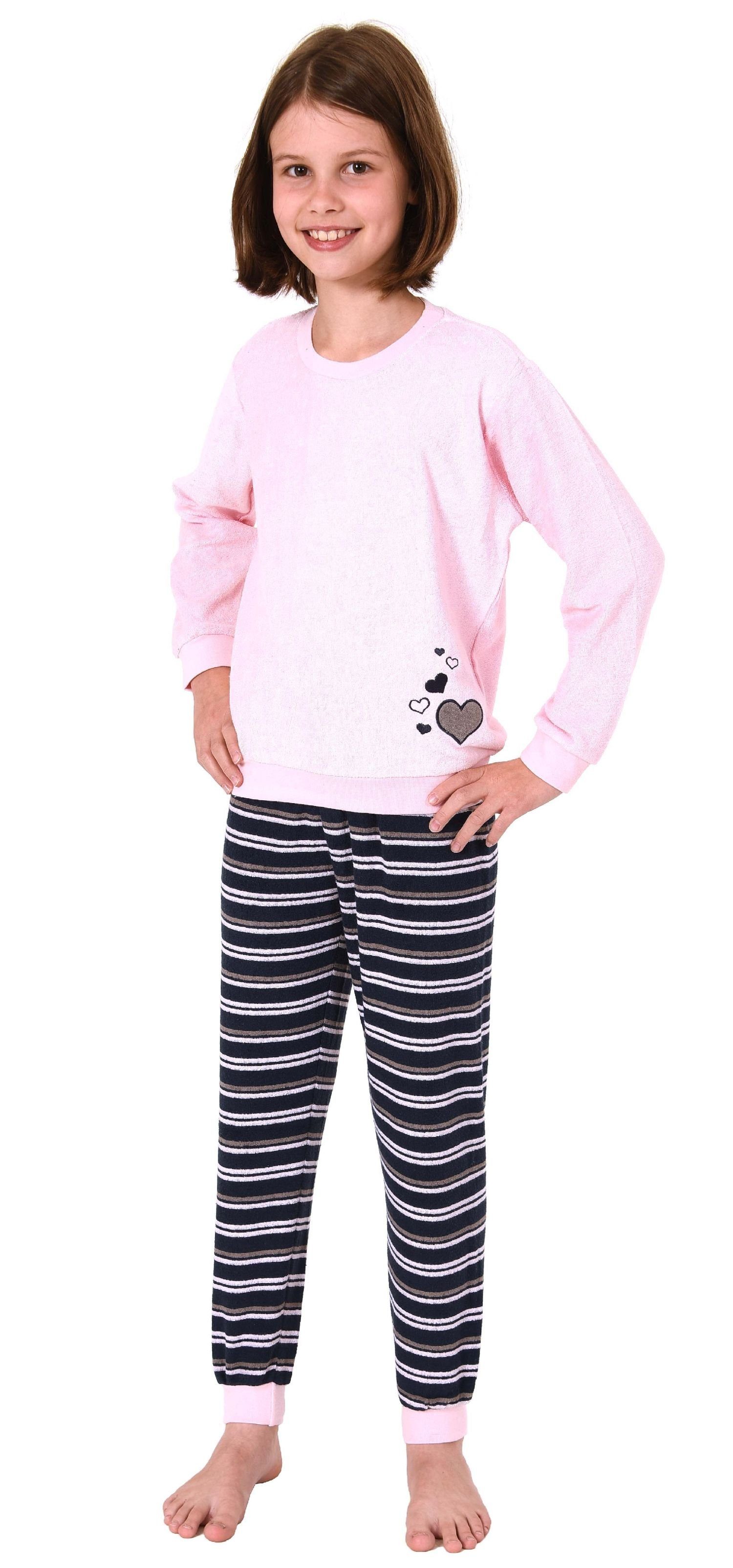 Schlafanzug Frottee Normann Pyjama Pyjama Bündchen mit Herz rosa Mädchen Motiv lang mit