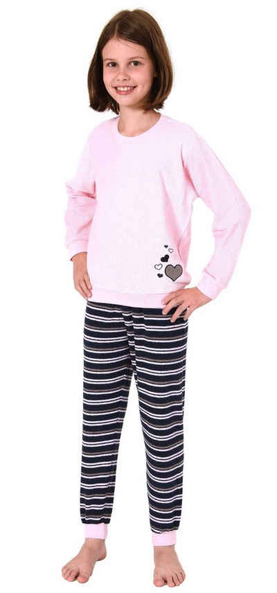 Normann Pyjama Mädchen Frottee Pyjama lang mit Bündchen Schlafanzug mit Herz Motiv