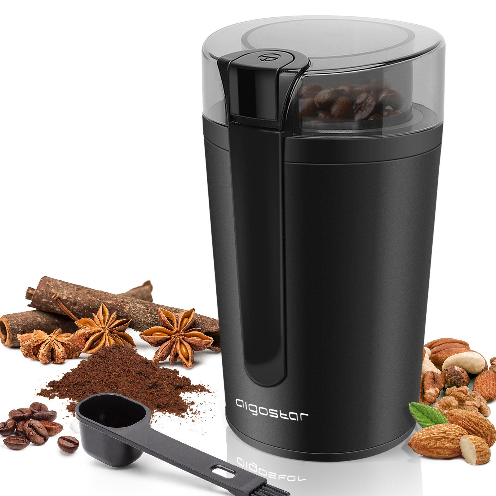 Aigostar Kaffeemühle Elektrische Kaffeemühle Mahlgrad Einstellbar BPA Frei Caffe Grinder, 200 W, Edelstahl Schlagmesser, 60 g Bohnenbehälter, Edelstahl Schlagmesser, Edelstahl, Verstellbar, mit Reinigungs-Pinsel