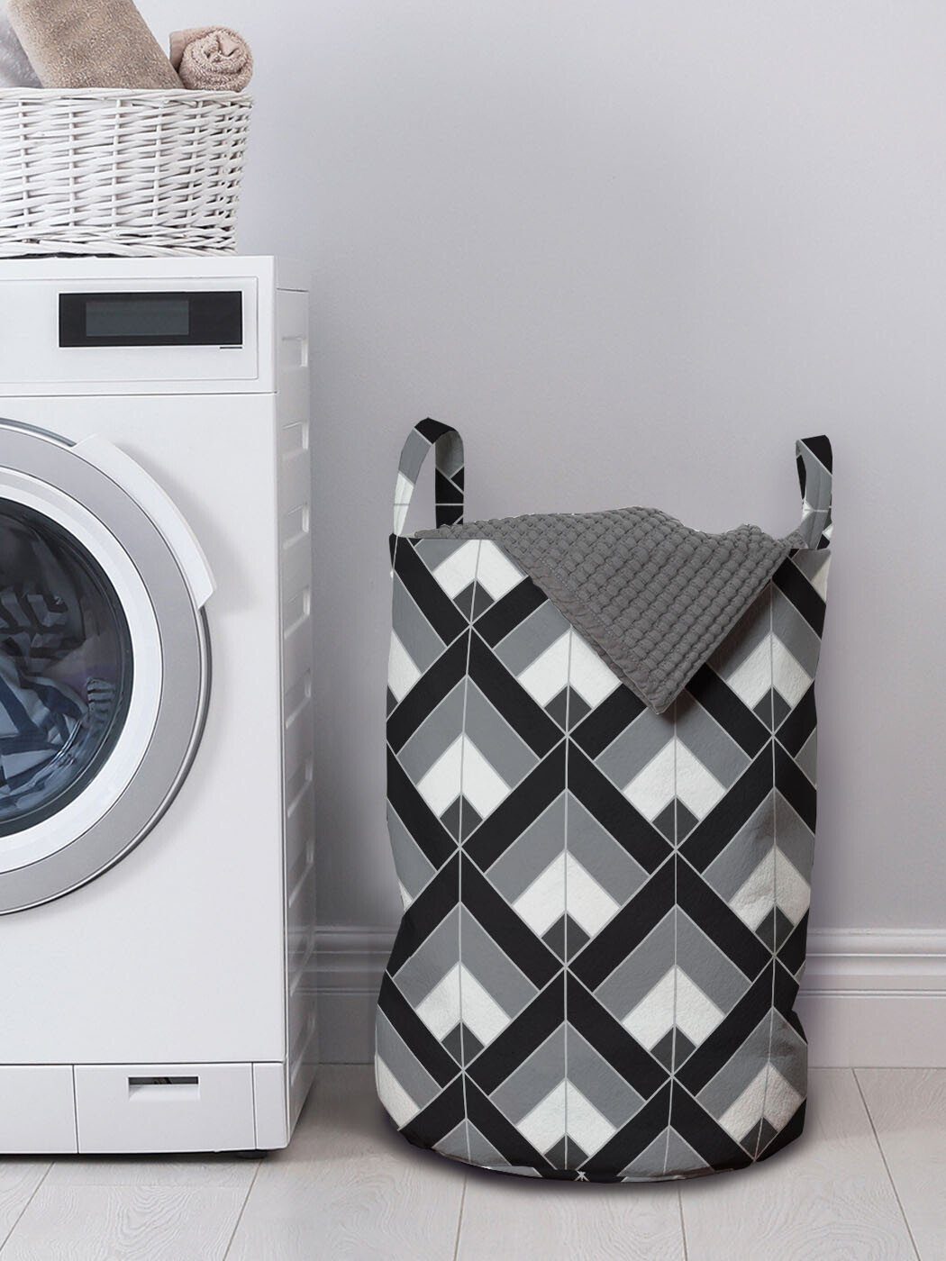 Abakuhaus Wäschesäckchen mit Geometrische Waschsalons, und Griffen Grau Kordelzugverschluss Schwarz für Wäschekorb Boho