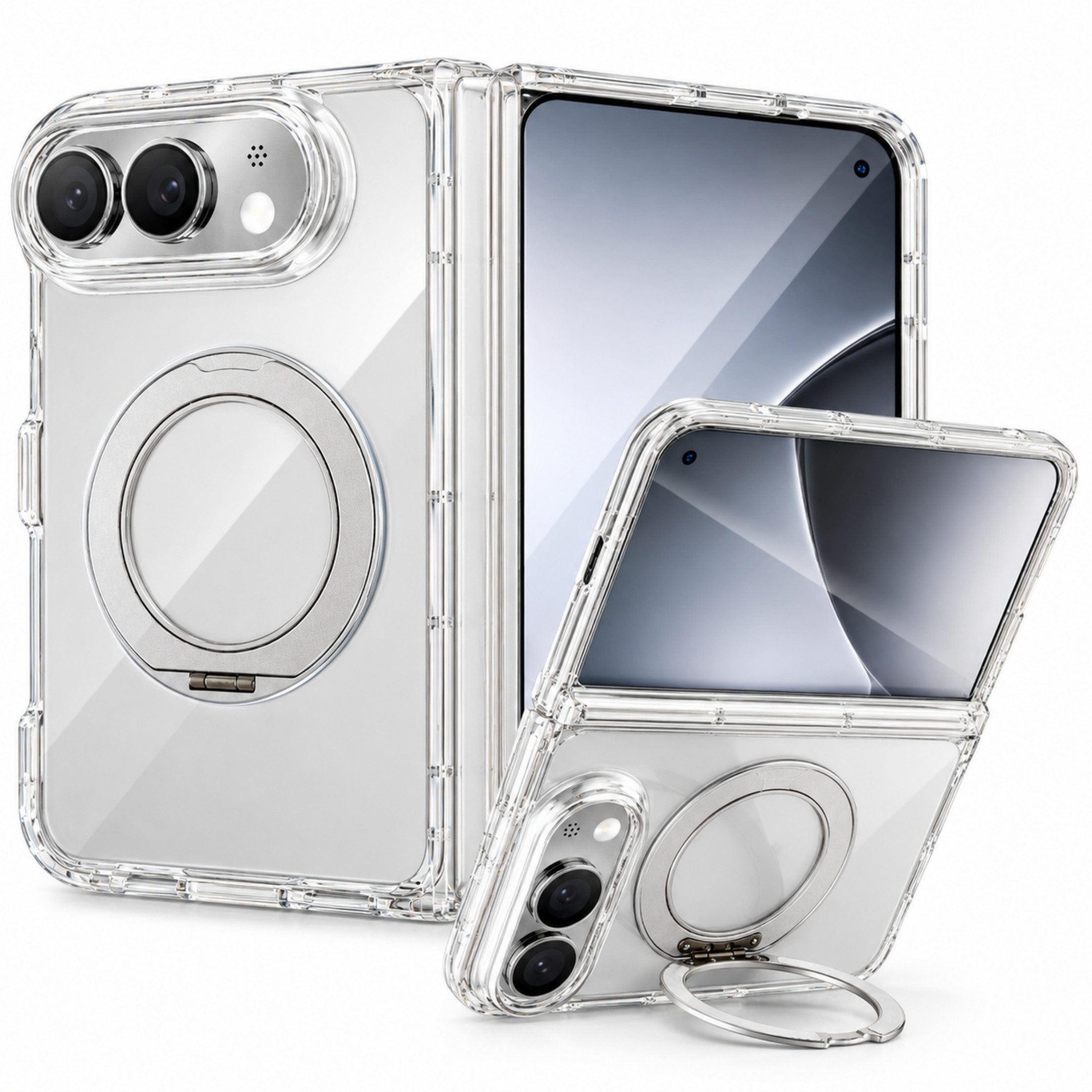 Blossom Handyhülle für iPhone Duo, transparent, mit 360° Ringhalter und Magnetfunktion, Klapphülle mit Kameraschutz, Scharnier