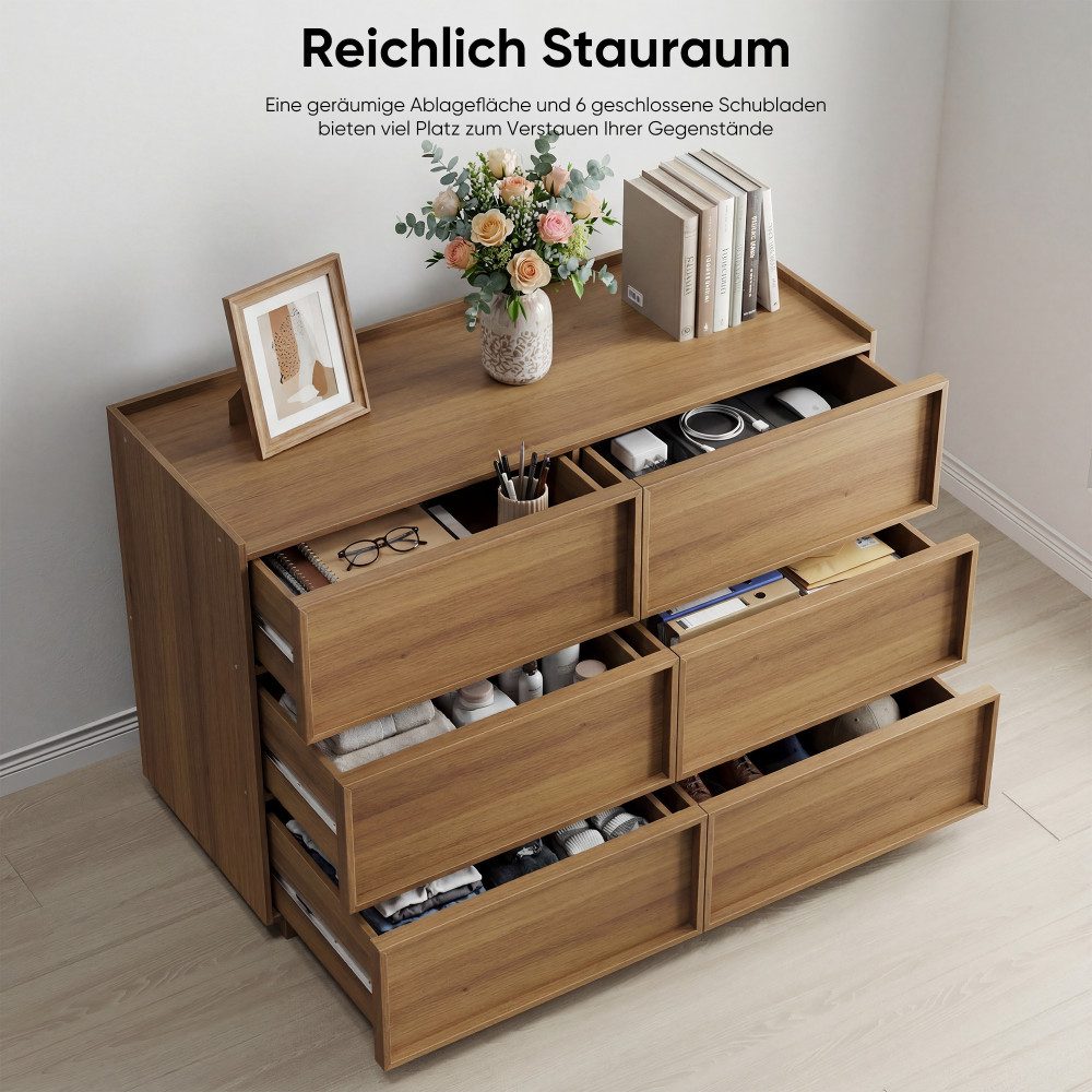 Sweiko Kommode mit sechs Schubladen, Kleiderschrank, Schminktisch (geeignet für Wohnzimmer, Schlafzimmer, Flur), Aufbewahrungsmöbel aus Holz, 115 x 48 x 80 cm, Eichenfarbe