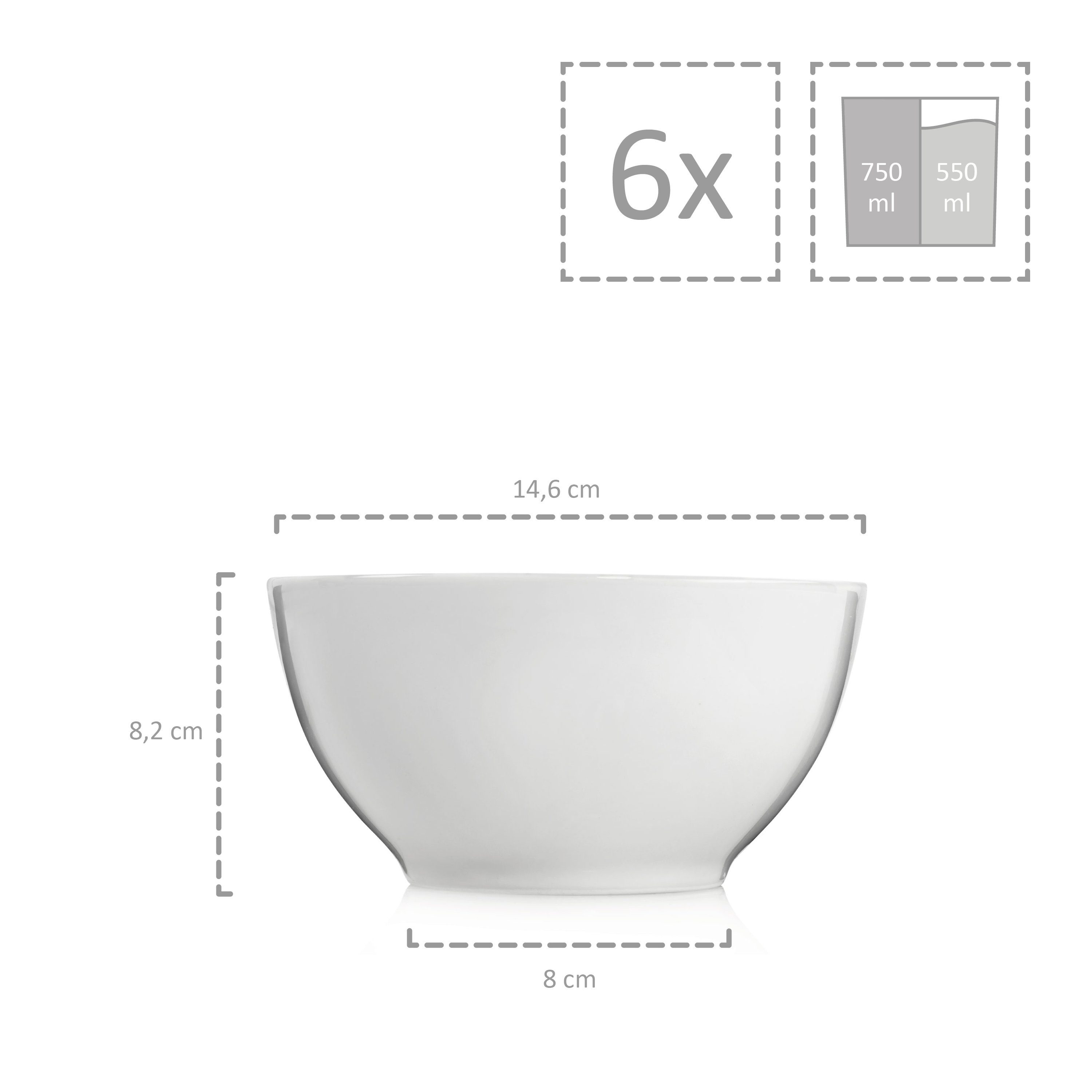 SÄNGER Müslischale Sunfort Schalen Set, Weiß, Porzellan, (Set, 6-tlg), rundes Design, 550 ml, Premium Collection