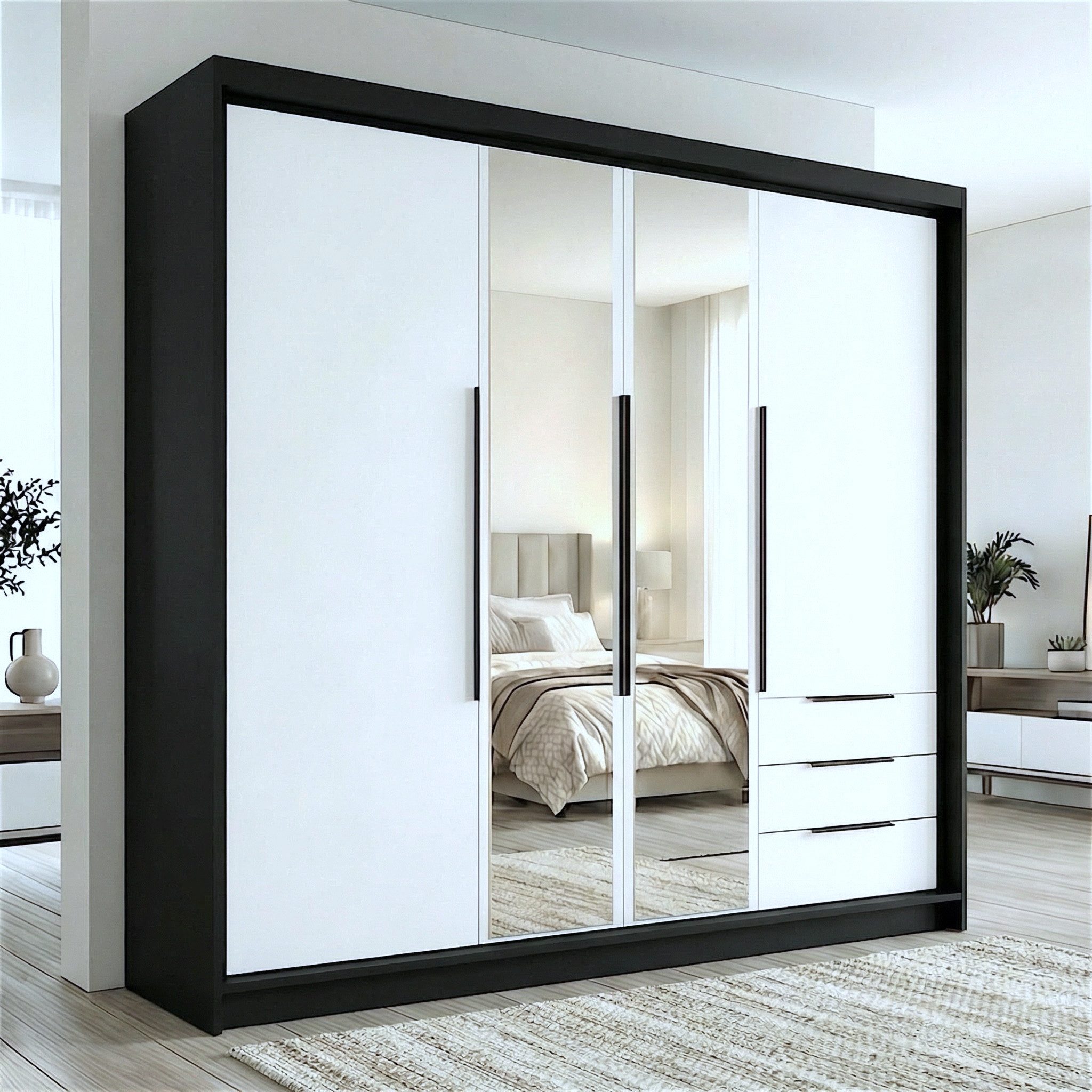 A&J MöbelLand GmbH Drehtürenschrank VIVO mit integrierten Schubladen (Geräumiger vier¬türiger Kleiderschrank mit Schubladen und Metallgriffen. Geräumiger Schrank mit einer Breite von 200 cm und Schubladen, ideal zur Aufbewahrung von Kleidung und Accessoires. Viel Stauraum. TOP PRODUKT! Wählen Sie das ideale Modell für Ihr Schlafzimmer!, TOP ANGEBOT) Breite: 200 cm, Höhe: 215 cm, Tiefe: 59,5 cm