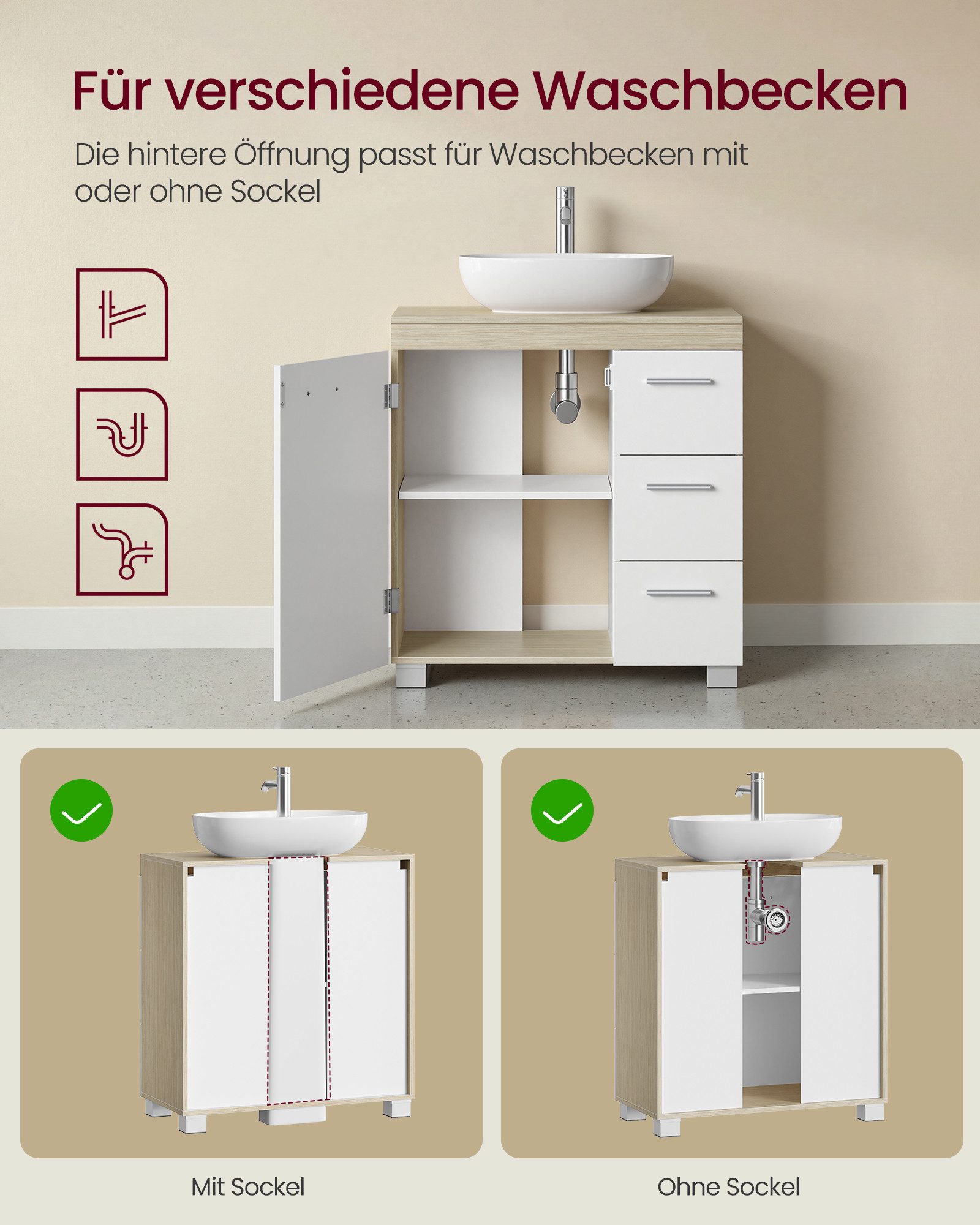 VASAGLE Waschbeckenunterschrank Badezimmerschrank Badschrank mit 3 großen Schubladen, 2 Fächer hinter der Tür, 60 x 30 x 63,8 cm – Bild 4 von 5