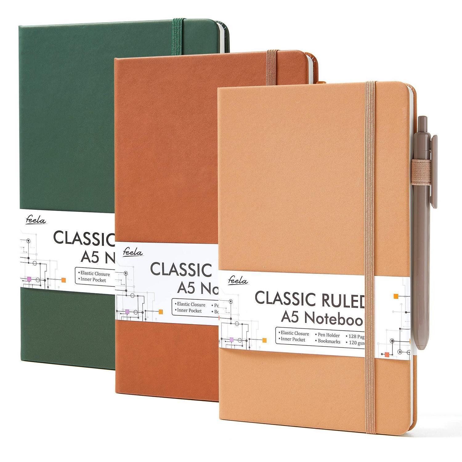 LuxusKollektion Notizbuch Notizbuch-Set Vintage Farben A5 3er Pack mit Stiften