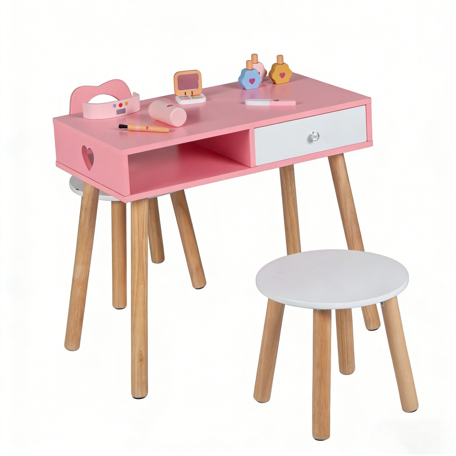 COSTWAY Schminktisch, Manikürtisch mit Stuhl & Hocker, Frisiertisch aus Holz