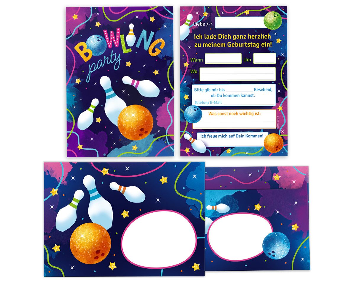 JUNAPACK Einladungskarten Bowling zum Geburtstag Mädchen Jungen Einladungen mit Umschlägen, Einladungskarten mit Umschlägen zum Kindergeburtstag Kegeln