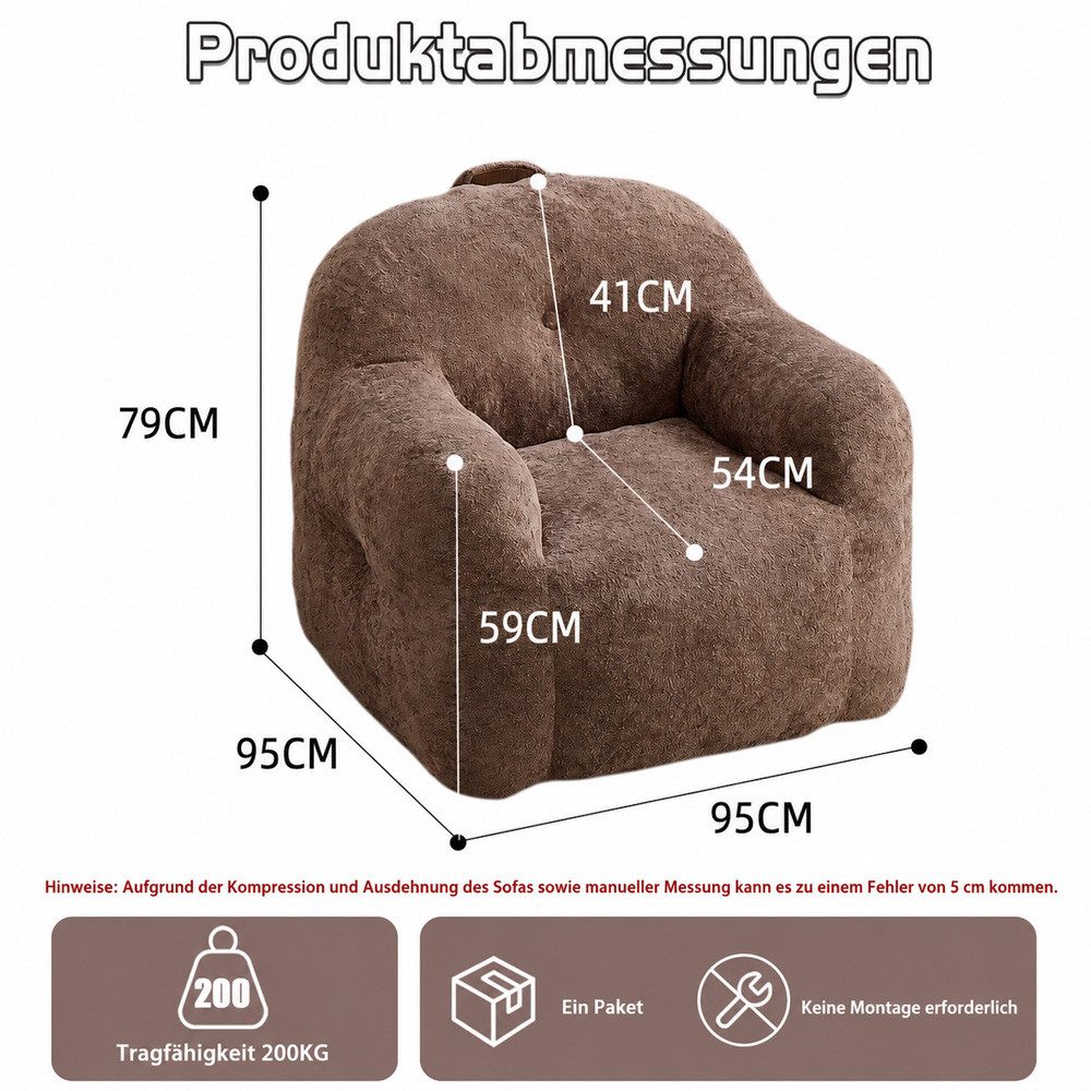 Leawin Relaxliege Sofas Wohnzimmer Loungesessel aus Chenille-Kunstfell weich, Bean Bag Sessel mit Schaumstoffflocken und ohne Montage