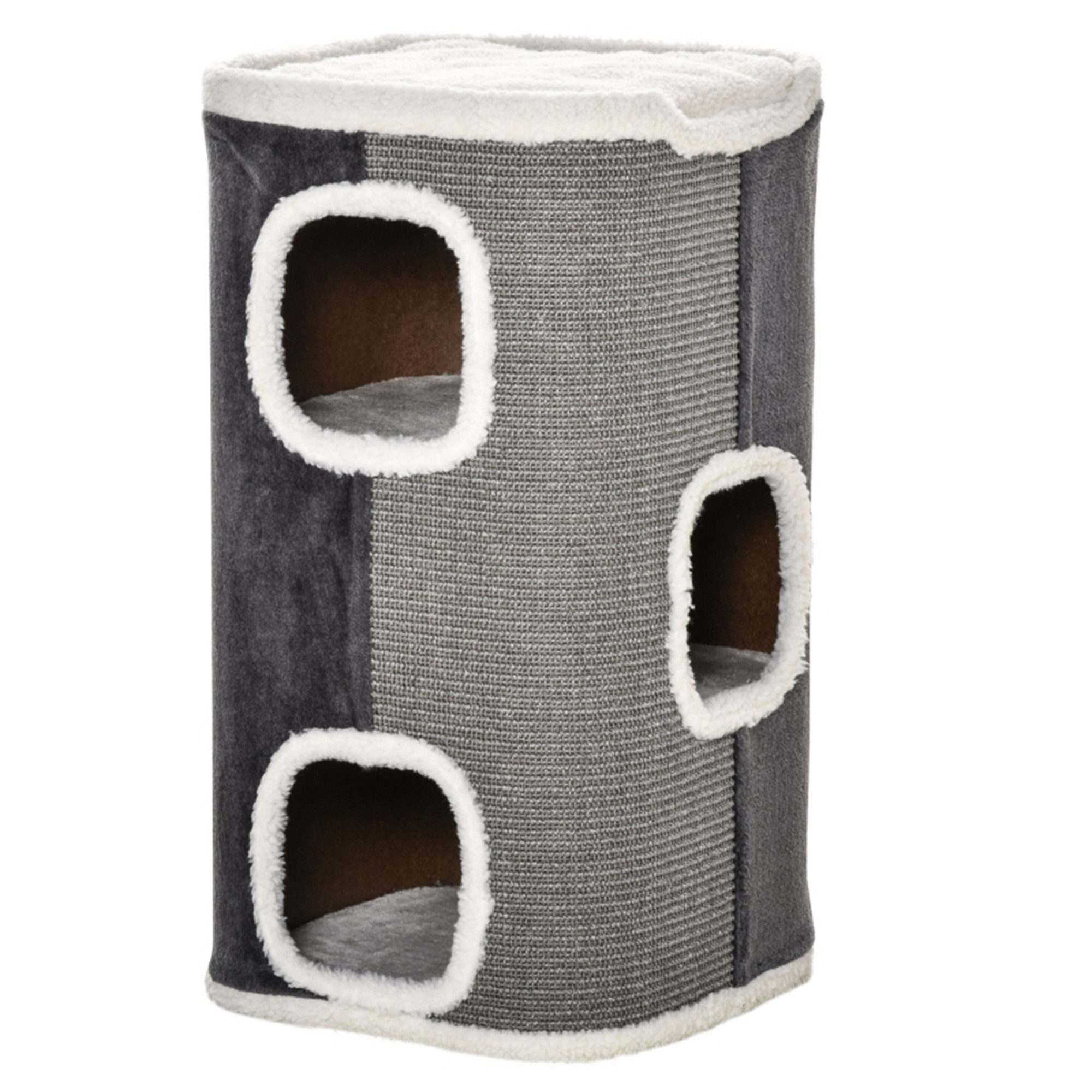 Kratztonne Katzenbaum mit 3 Ebenen, Spanplatte, samtartiges Polyester