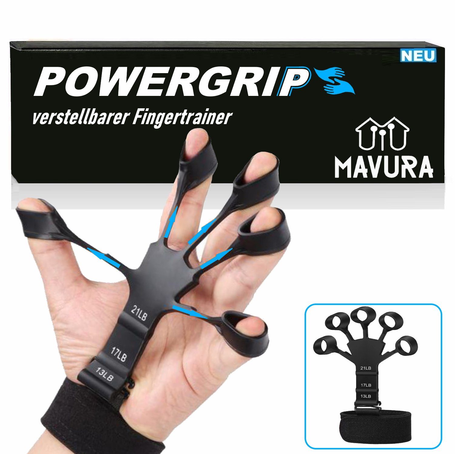 MAVURA Handmuskeltrainer POWERGRIP Handtrainer Kraftgreifer Fingertrainer Unterarmtrainer, Handgriff-Verstärker Hand Gripper Handgelenk Trainer verstellbar