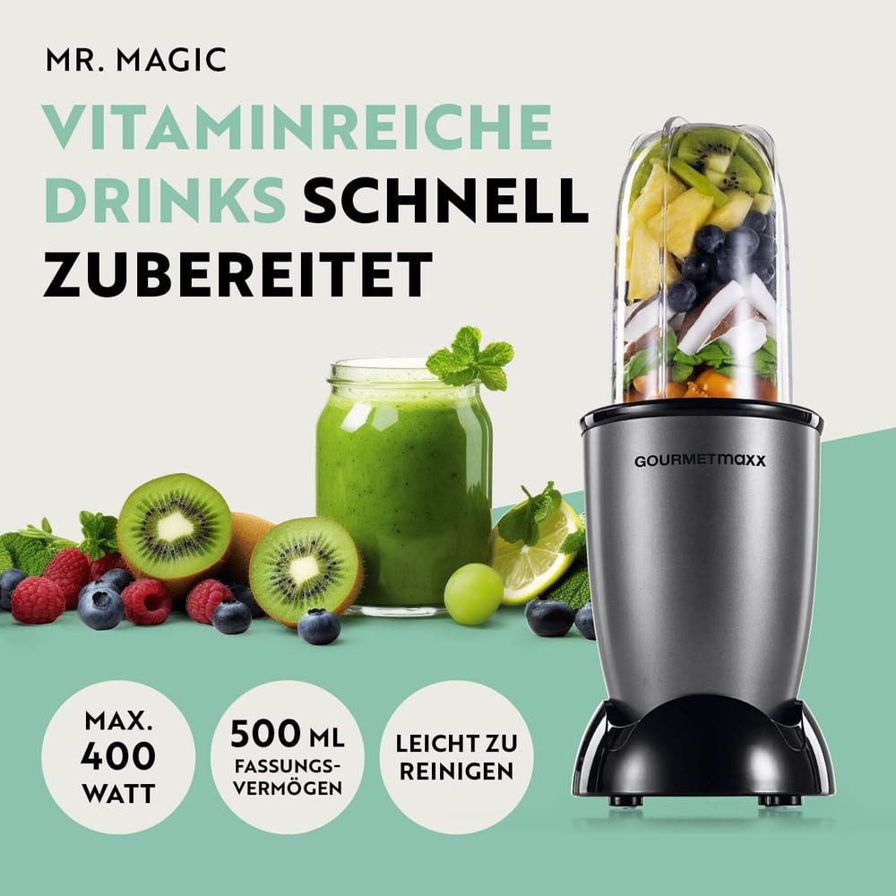 GOURMETmaxx Standmixer Mixer Mr. Magic 10-tlg. 400W anthrazit/schwarz, 400 W, inkl. Zubehör-Set L rot Speisen Smoothies Getränke 3 Mixbecher To-Go