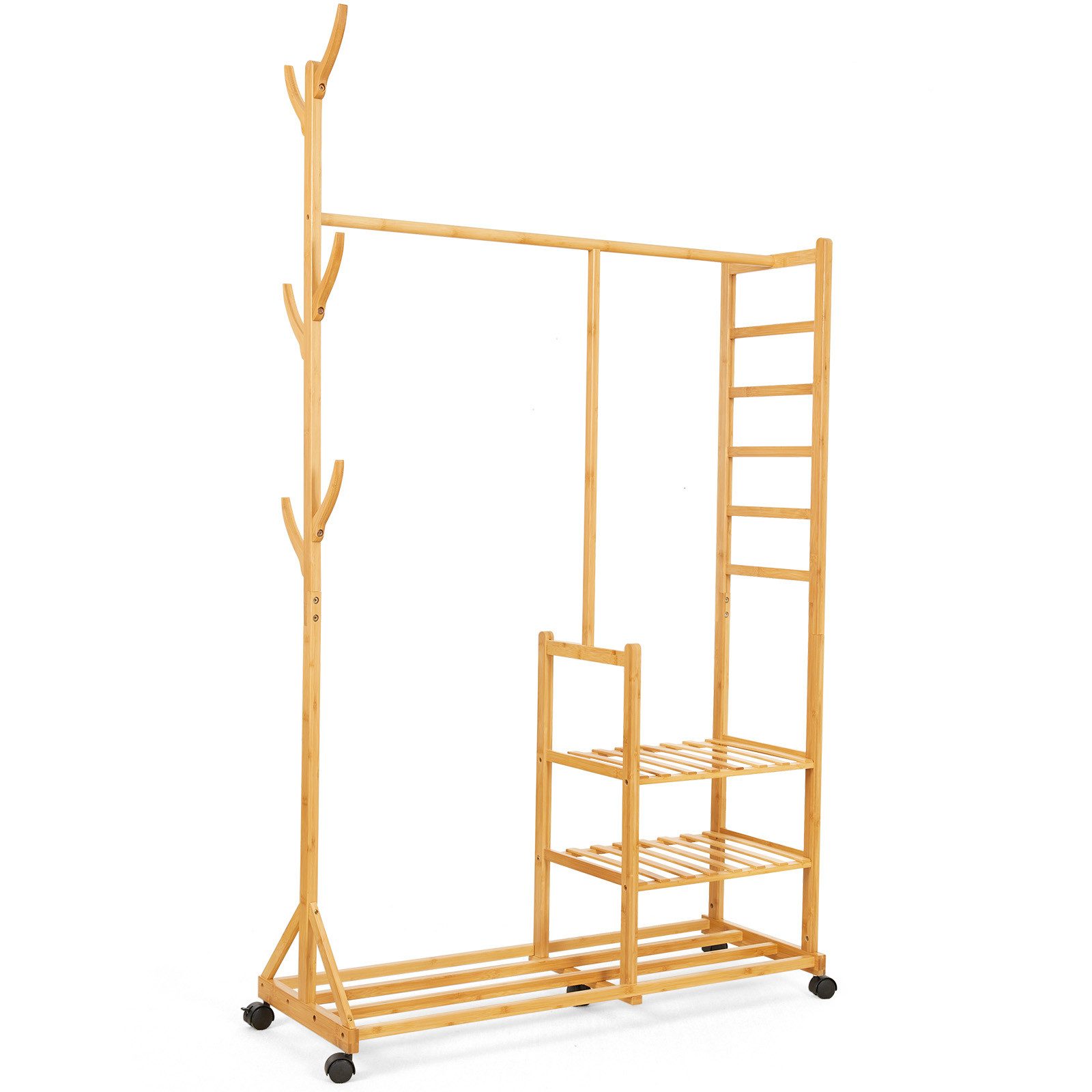 Yorbay Kleiderständer Garderobenständer aus Bambus, (mit Rollen, mit Kleiderstange, 3 Ablagen und 6 Kleiderhaken), Kleiderständer 100 x 38 x 176 cm für Flur, Wohnzimmer, Schlafzimmer