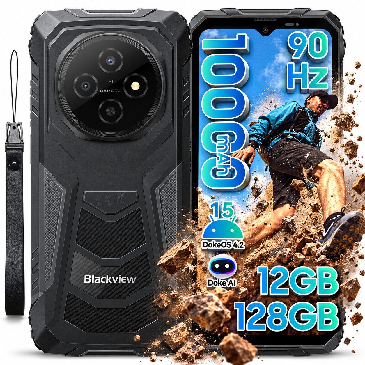 blackview FORT Android 15, 10000mAh, AI, Outdoor Smartphone (128 GB Speicherplatz, 6.56”, 90Hz, fingerprint, NFC,10000mAh, 18W)