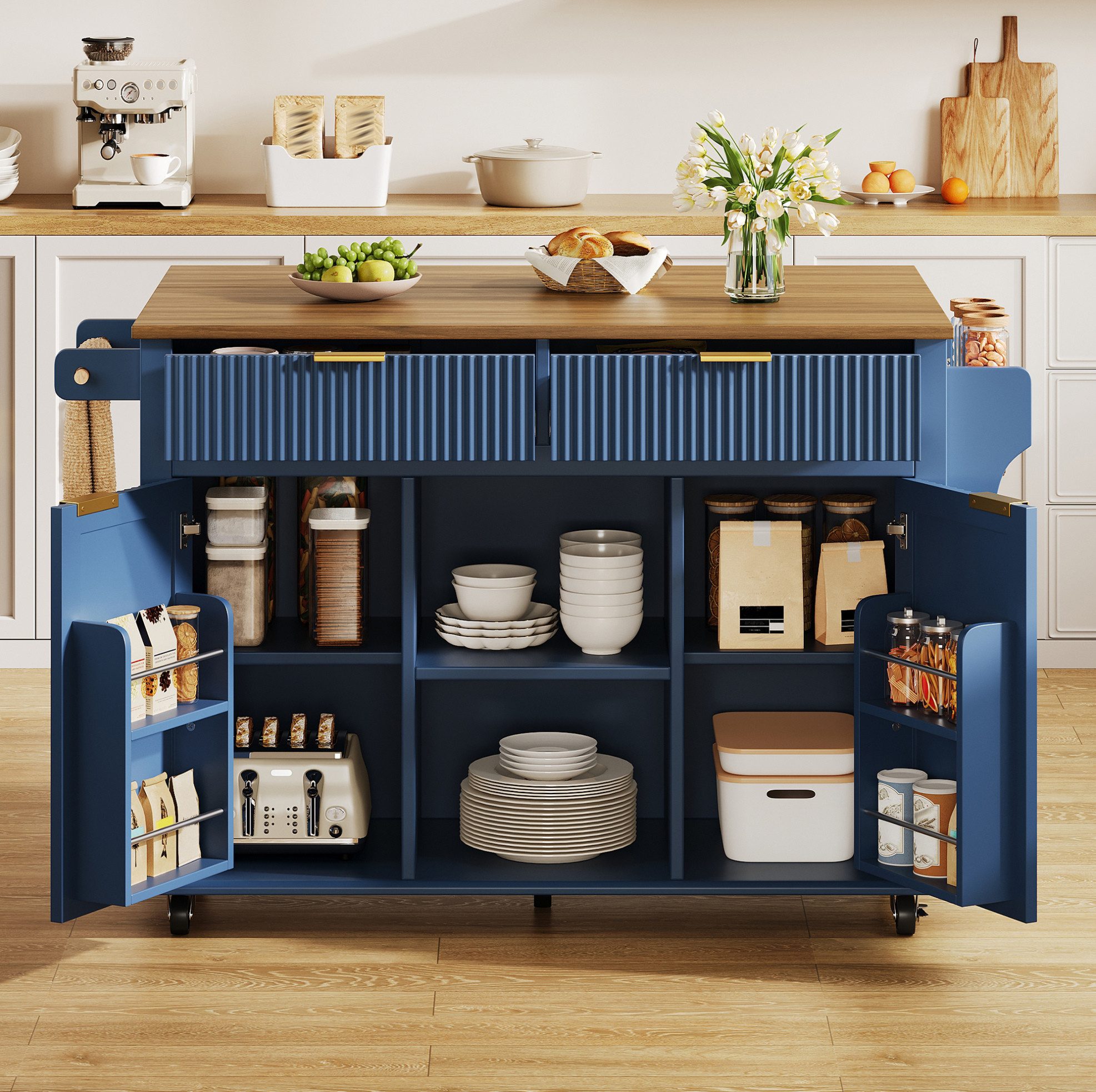 OKWISH Kücheninsel Rollbarer Küchenschrank mit 2 Schubladen und 2 Türen Stauraum, (Küchenmöbel mit Gewürzregalen und Handtuchhaltern Design), 120×45 cm Küchenwagen Cloisonné-Blau mit klappbarer Arbeitsplatte