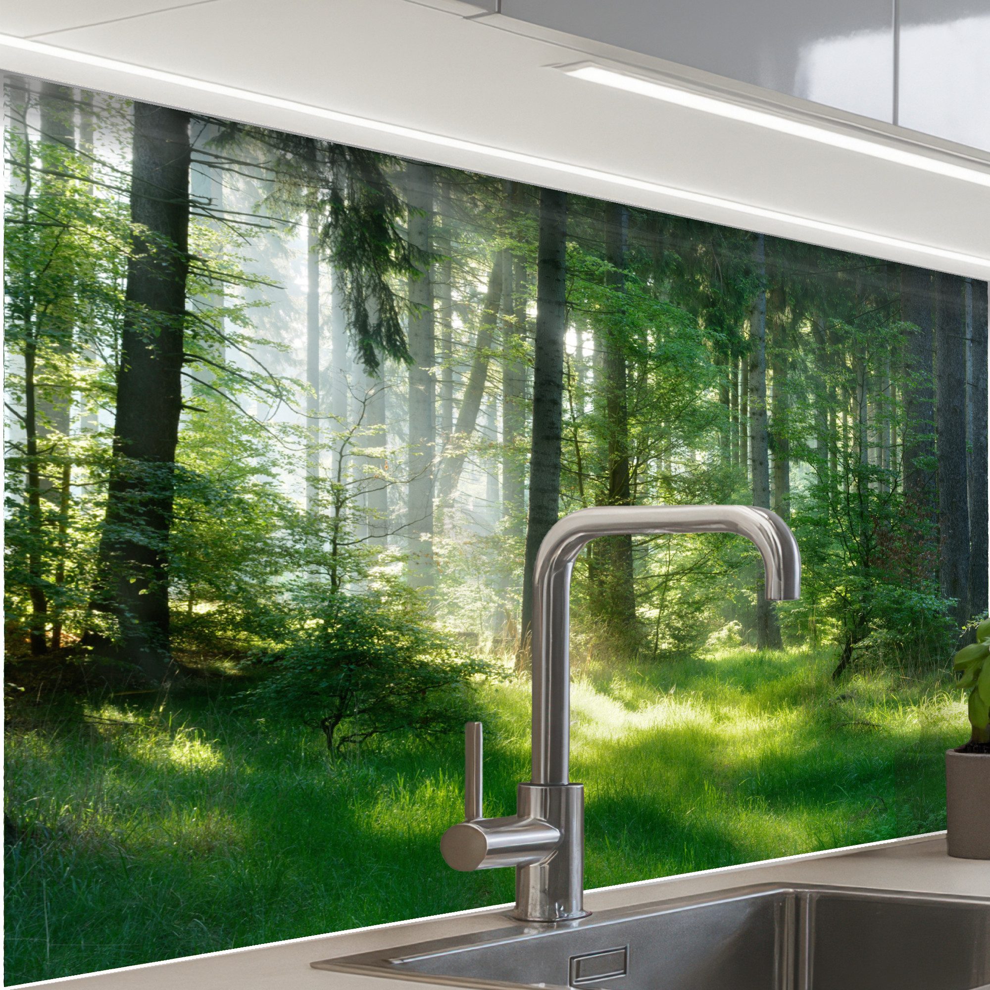 KitchenYeah Küchenrückwand selbstklebend Natur - Bäume - Wald - Grün - Sonne - Gras - Pflanzen, (1-tlg), Spritzschutz, Küche, Rückwand, …