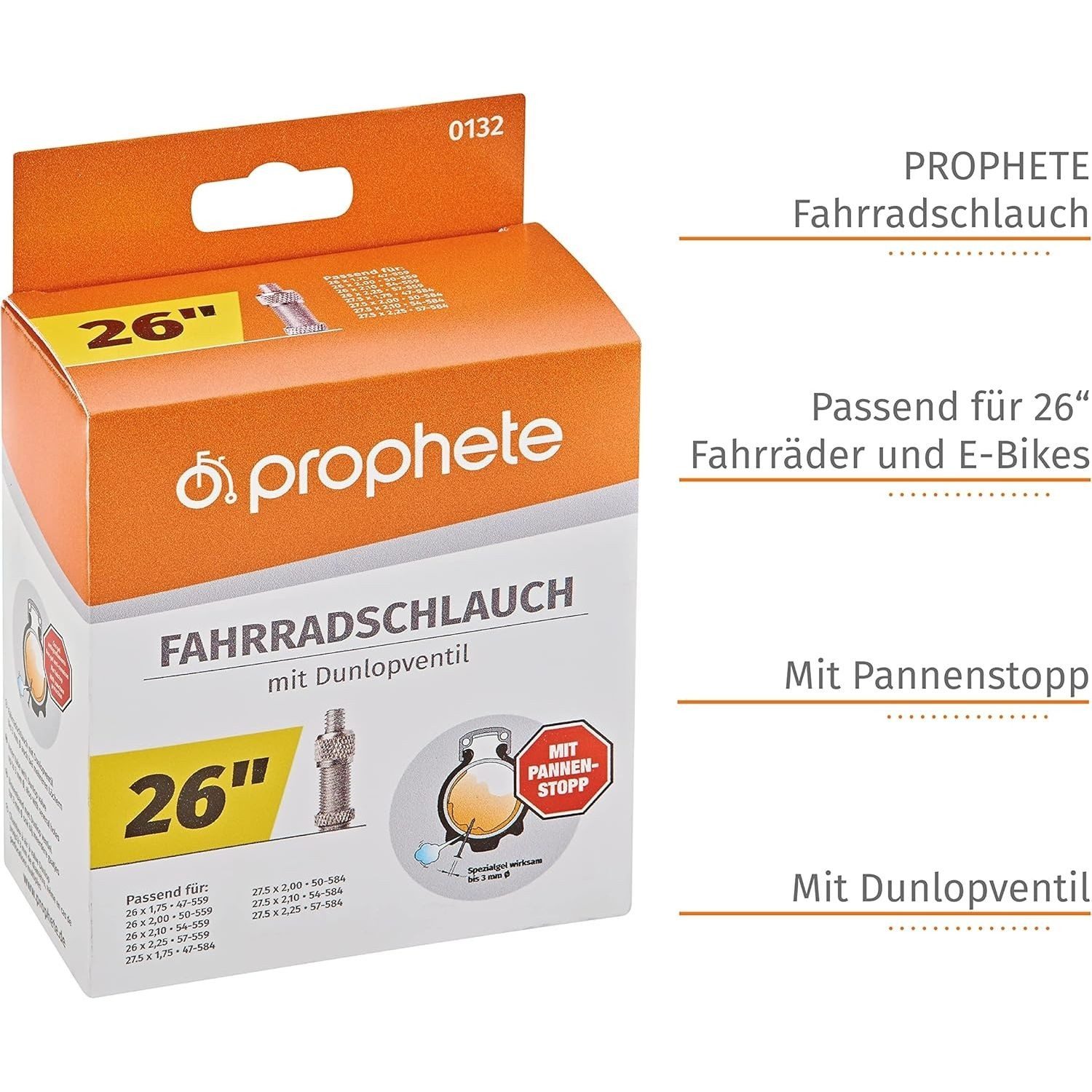 Prophete Fahrradschlauch 0132 Fahrradschlauch 26 x 1,75 - 26 x 2,125, Dunlopventil, Pannenstopp, 26 Zoll (66,04 cm), (1-St)