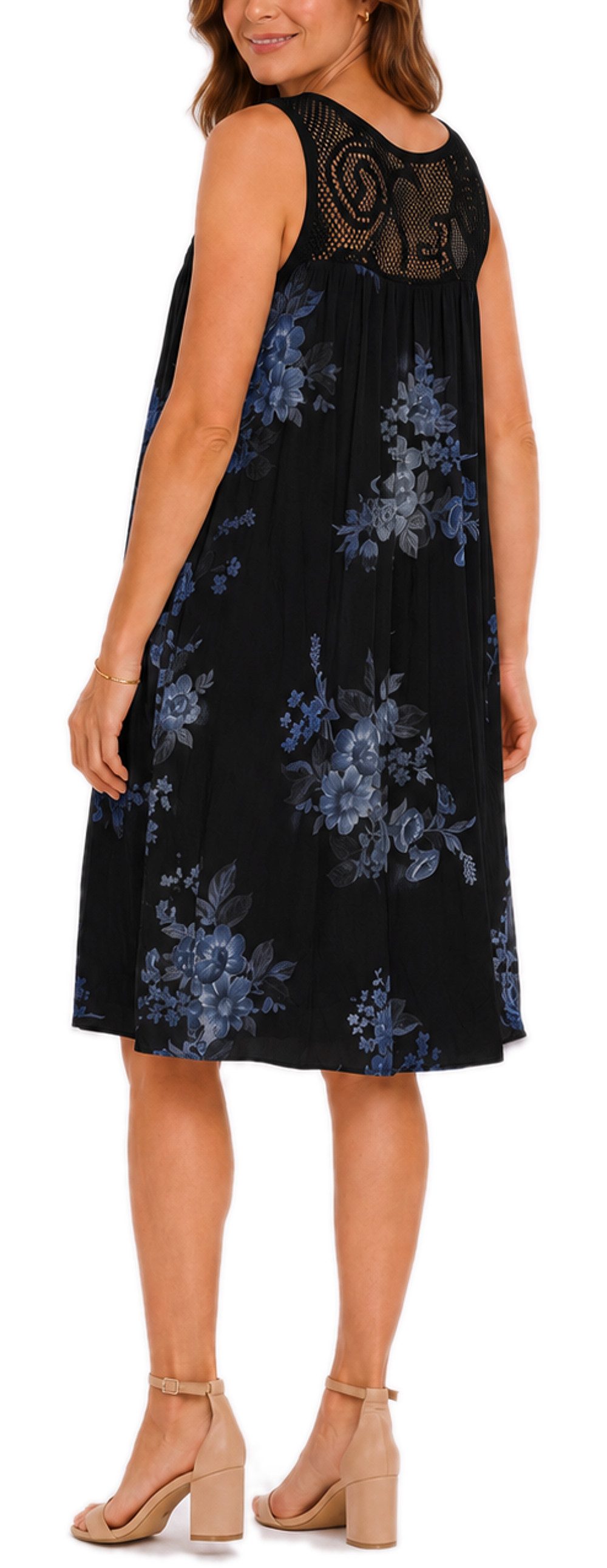 dy_mode Midikleid Damen Sommerkleid Blumenmuster Midi Kleid Strandkleid knielang Knielang, Transparente Häkel-Einsatz im Dekolleté- und Rückenbereich