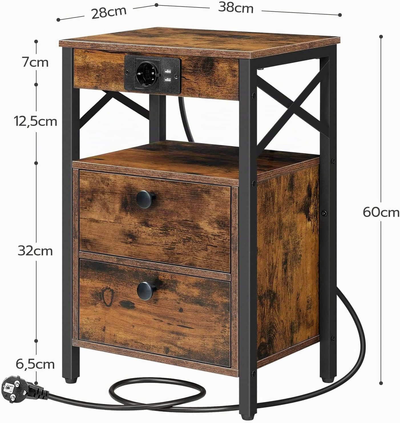Hoobro Nachttisch Beistelltisch mit Ladestation USB-Anschlüsse mit 2 Klappschubladen (1 Beistelltisch bzw. 1-teilig), Integrierte Ladestation mit 1 Steckdose und 2 USB-Anschlüssen