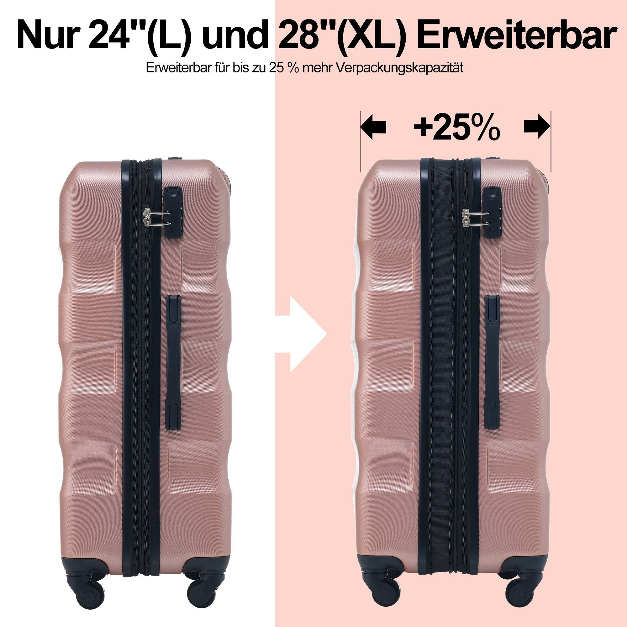 BlingBin Kofferset Hartschalen-Koffer Rollkoffer, 4 Universal-Räder, TSA Zollschloss), leises 3 360° Erweiterbar Rollen, tlg., (set, rosa TSA-Zahlenschloss