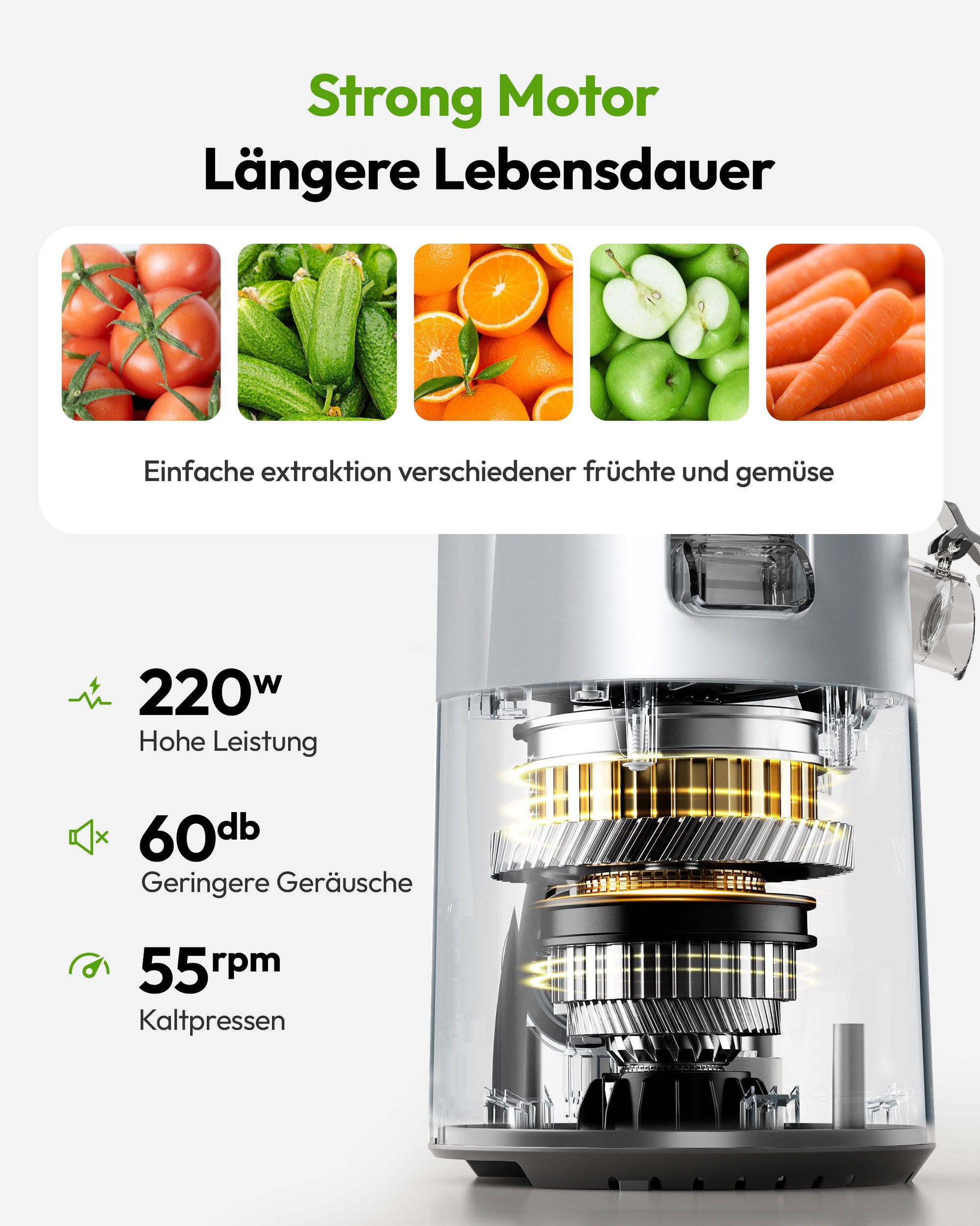 EUHOMY Slow Juicer mit 135MM Breite und Größere Fütterungsröhre, 220 W, für Ganze Gemüse Obst - Leicht zu Reinigender Entsafter mit 2 Gläsern