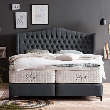 BettCo Boxspringbett Maison (140 x 200 cm, in Schwarz Velours), Chesterfield Design + optionaler Topper, Schwarze Metallfüße