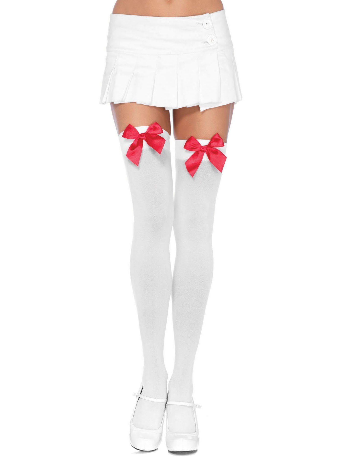 Leg Avenue Overknees Halterlose Strümpfe mit Schleife weiß-rot Unverzichtbares Accessoire für Damen, vielseitig kombinierbares Kost