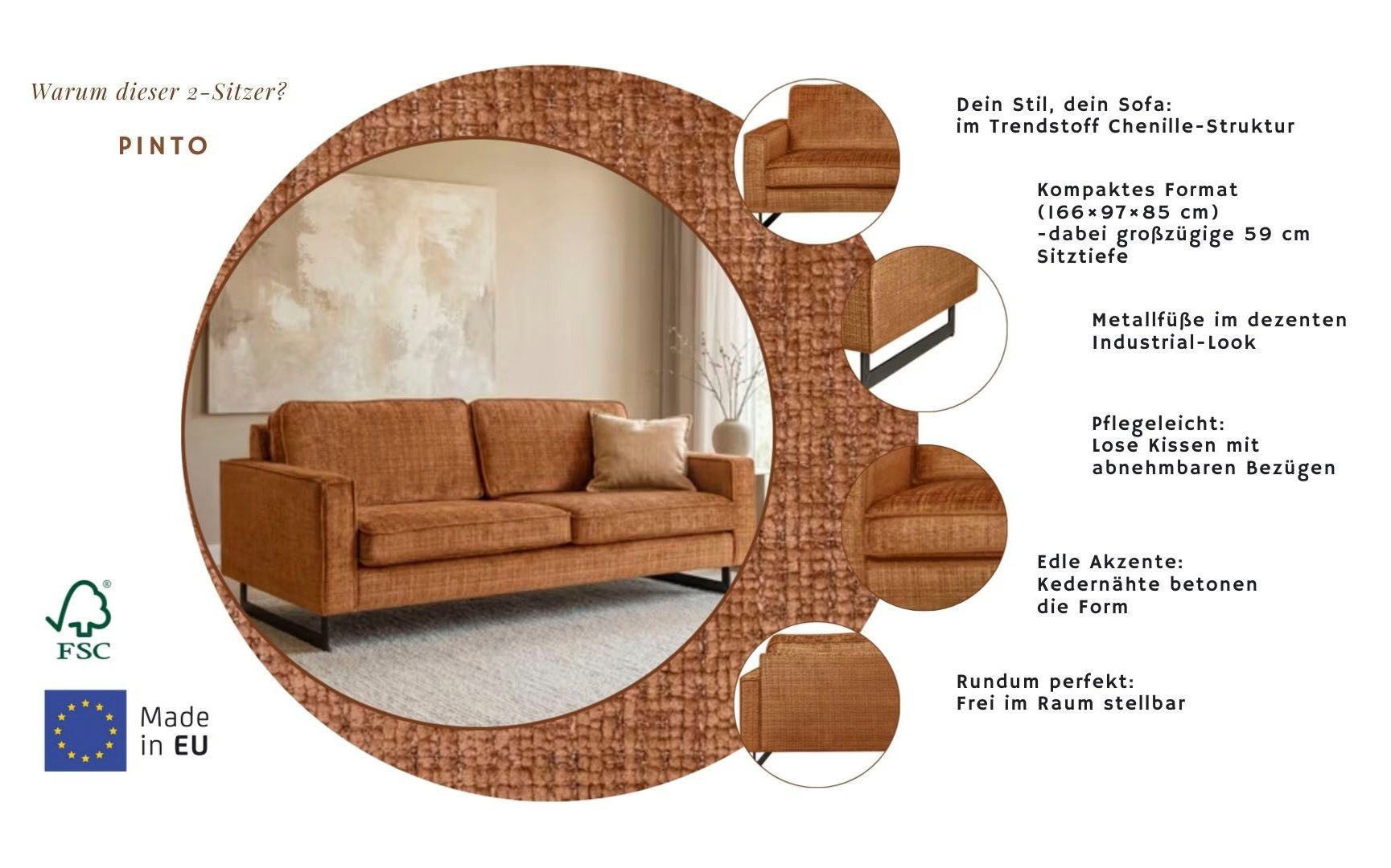 Home affaire 2-Sitzer Pinto, 166 cm, Cord, Chenille, Lederoptik, mit Keder, schwarze Metallfüße, Wellenunterfederung