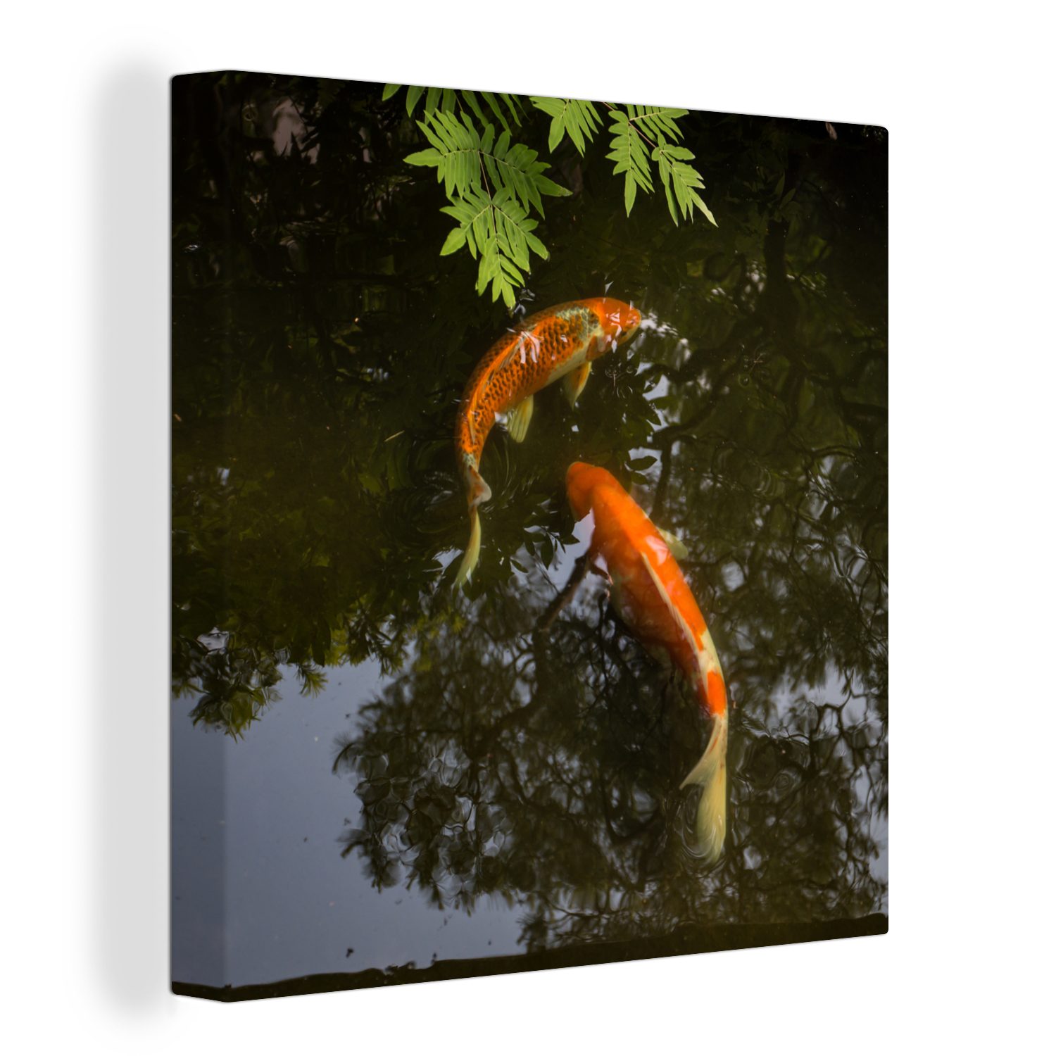 OneMillionCanvasses® Leinwandbild Zwei Koi-Karpfen um einen Teich, (1 St), Leinwand Bilder für Wohnzimmer Schlafzimmer