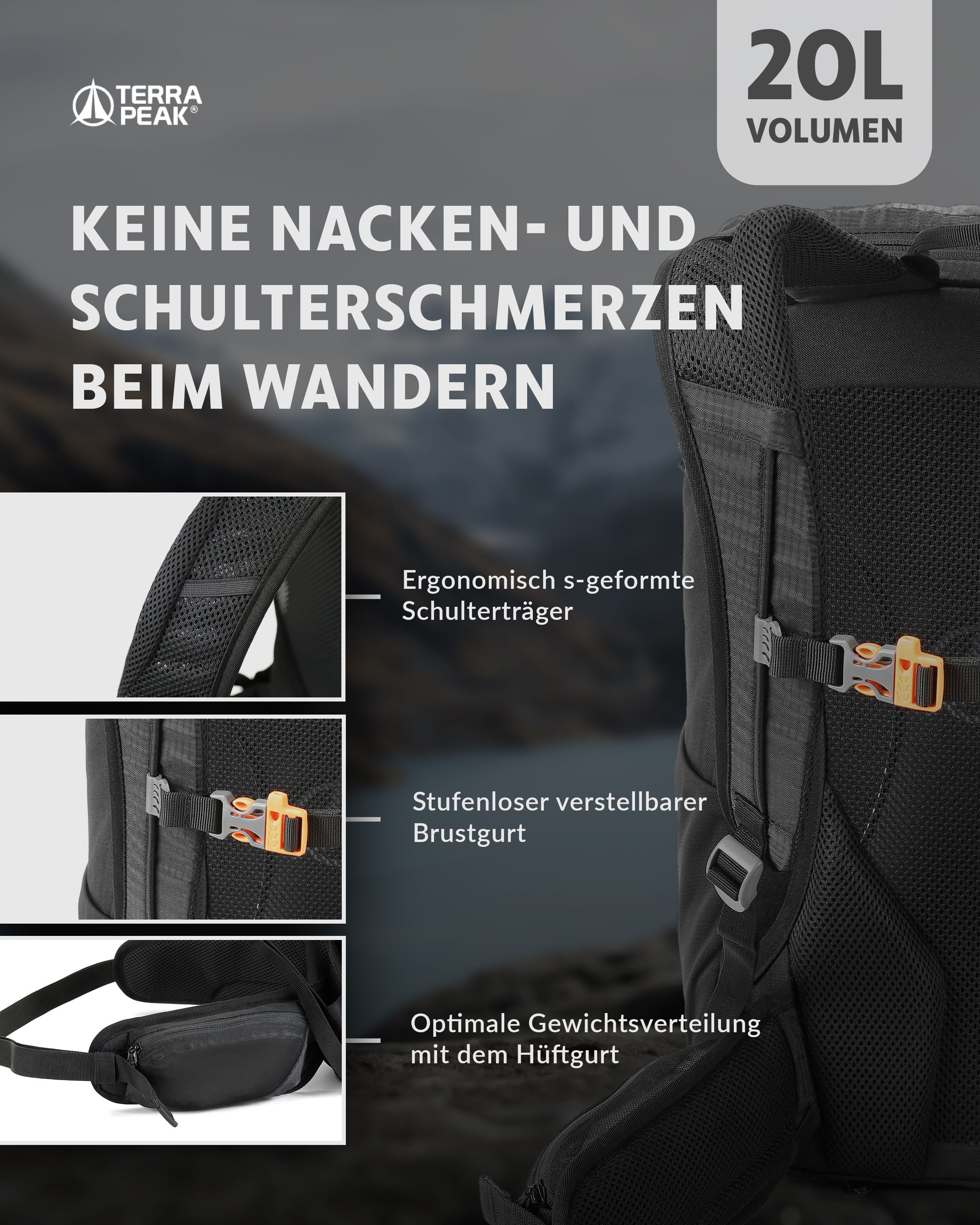 Terra Peak Wanderrucksack Airant 20, Rucksack klein mit belüftetem Netzrücken 20 Liter