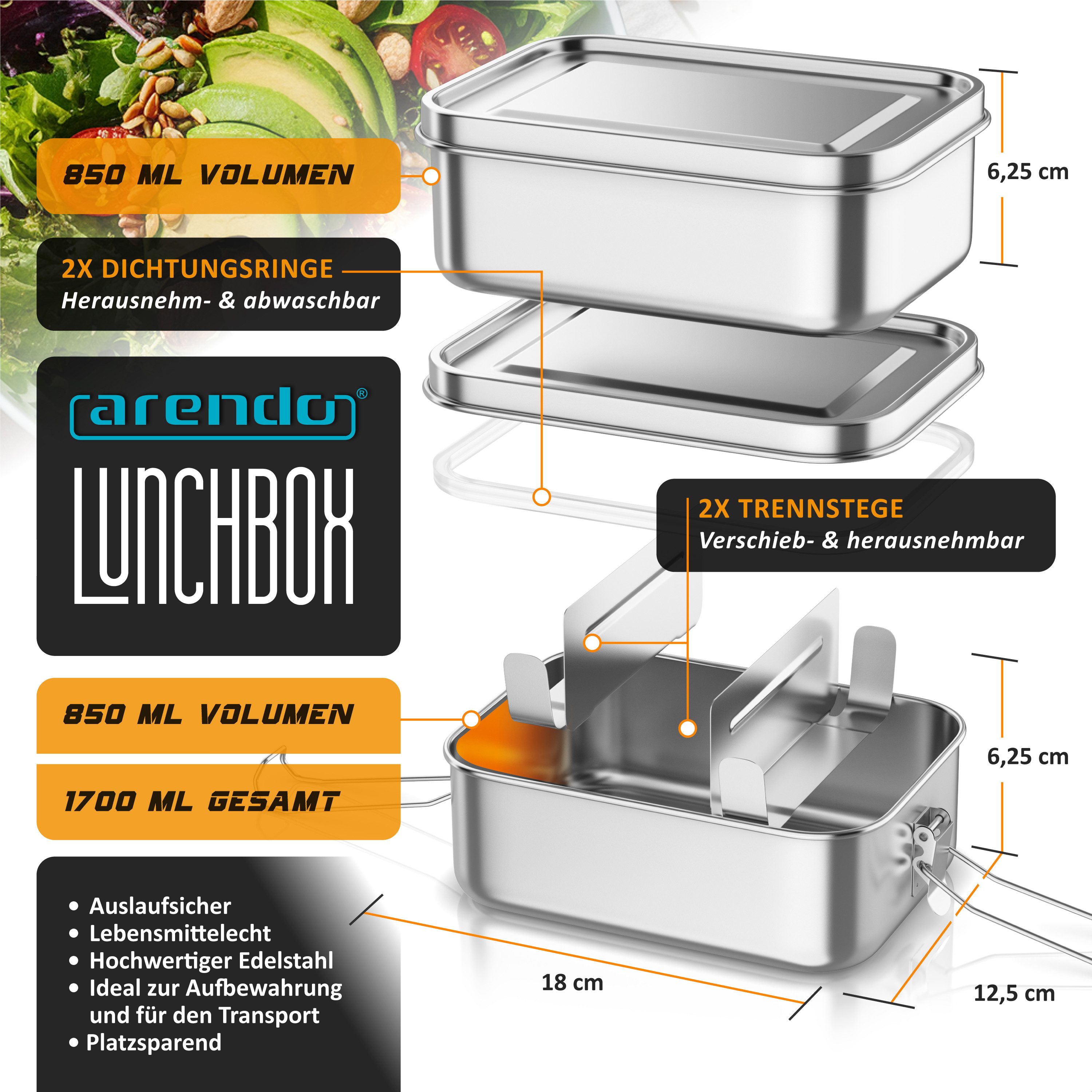 Arendo Lunchbox Meal Prep Box Edelstahl 1700 ml, 2 Ebenen, 4 Trenneinsätze, Brotdose, Edelstahl, (1-tlg., 2 Trennstege, 2 Silikondichtungen), 2x 850 ml, Silikon-Dichtung, spülmaschinenfest, lebensmittelecht