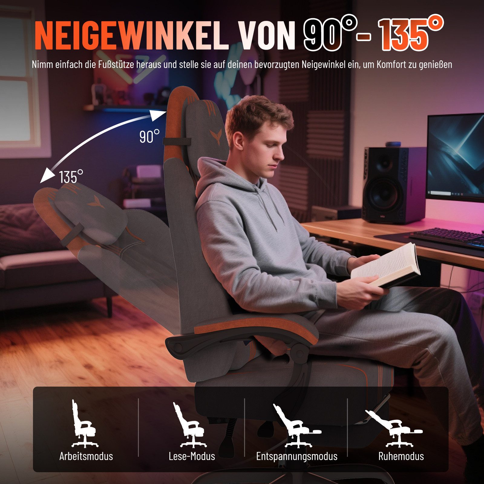 Huracan Gaming-Stuhl Gaming Chair mit Massagefunktion Kopfstütze & Fußstütze, (Gamer Stuhl,Gaming Sessel), Verstellbare Rückenlehne 90-135°,Höhenverstellbar – Bild 3 von 5