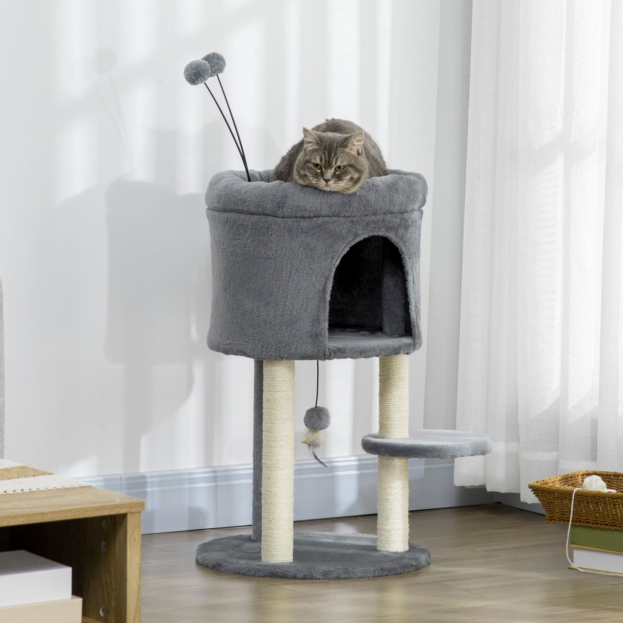 PawHut Kratzbaum Katzenbaum mit Katzenhöhle und Spielball Kletterbaum Sisalsäule, Plüsch Grau+Cremeweiß, 44.5 x 44.5 x 73.5 cm