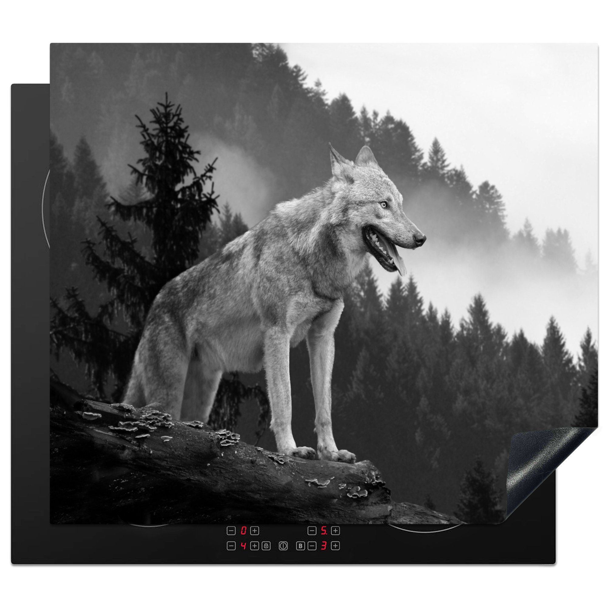 MuchoWow Herdblende-/Abdeckplatte Wolf - Wald - Schwarz - Weiß, Vinyl, (1 tlg), 57x51 cm, Induktionsschutz, Induktionskochfeld, Ceranfeldabdeckung